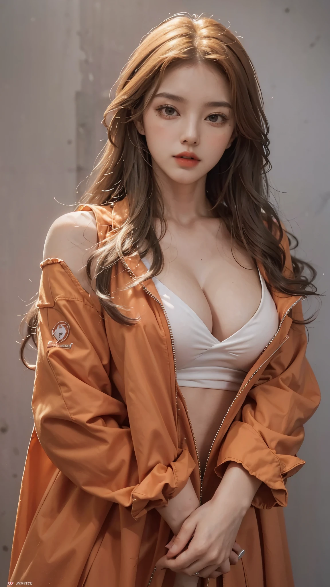 Girl wearing, luxury orange coat, shoulder length hair, wavy hair, glowing skin, star in eye, red lips, grey background, cute poses , upper body, zipping under size jacket , breast coming out of zipper ,