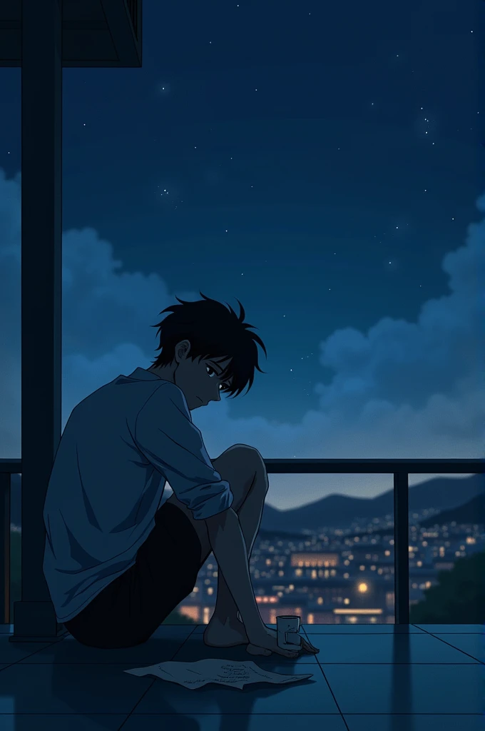 A anime guy sitting in terrace in night depressed