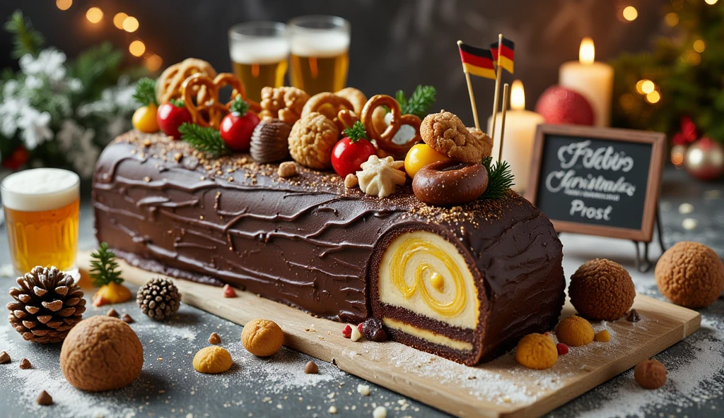 ((masterpiece)) ((photography)) ((Highest quality)) A playful and appetizing Yule log inspired by Germany, combining traditional flavors with a humorous twist. The log features a rich chocolate frosting textured to resemble wood, with edible pretzel pieces and marzipan sausages scattered on top for a comedic touch. Small beer mugs made of fondant add to the festive German theme. A slice is cut to reveal a layered filling of chocolate, hazelnut cream, and a swirl of yellow sponge to mimic mustard. Surrounding the log are Christmas decorations like gingerbread cookies shaped as lederhosen and tiny Bavarian flags. The setting includes snow-dusted pinecones, glowing candles, and a small sign reading, “Frohe Weihnachten und Prost!” (Merry Christmas and Cheers!).