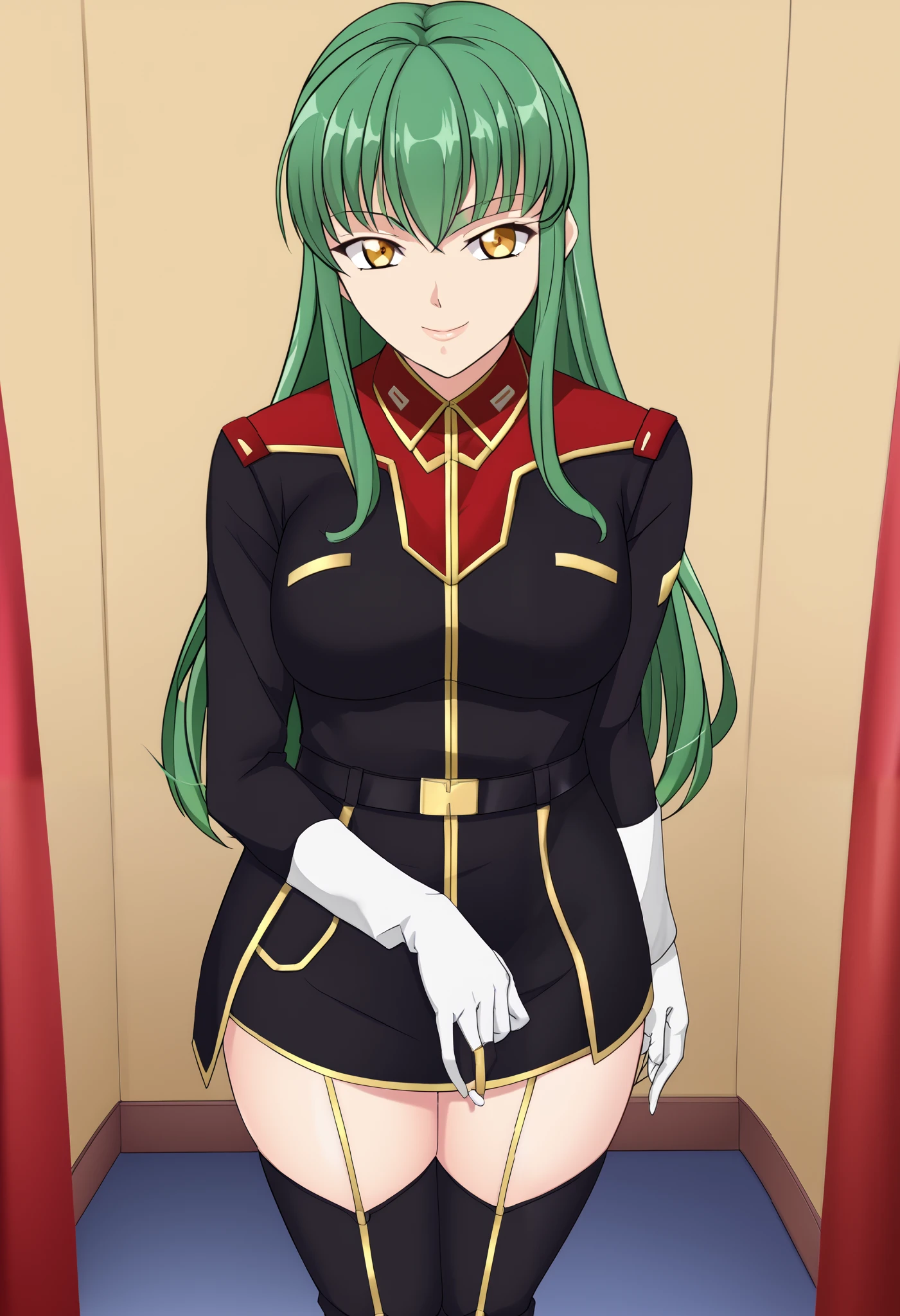 score_9、 score_8_up、 score_7_up、  1 girl、Alone、 1 girl、cc、bangs、Green Hair、 long hair、 yellow eyes、Big Breasts、、{{{{  titan costume  }}}}、、 black uniform、  Long Sleeve  、、  black calf-length socks  、Knee Boots、 happiness、smile、indoor、Fitting Room、curtain、