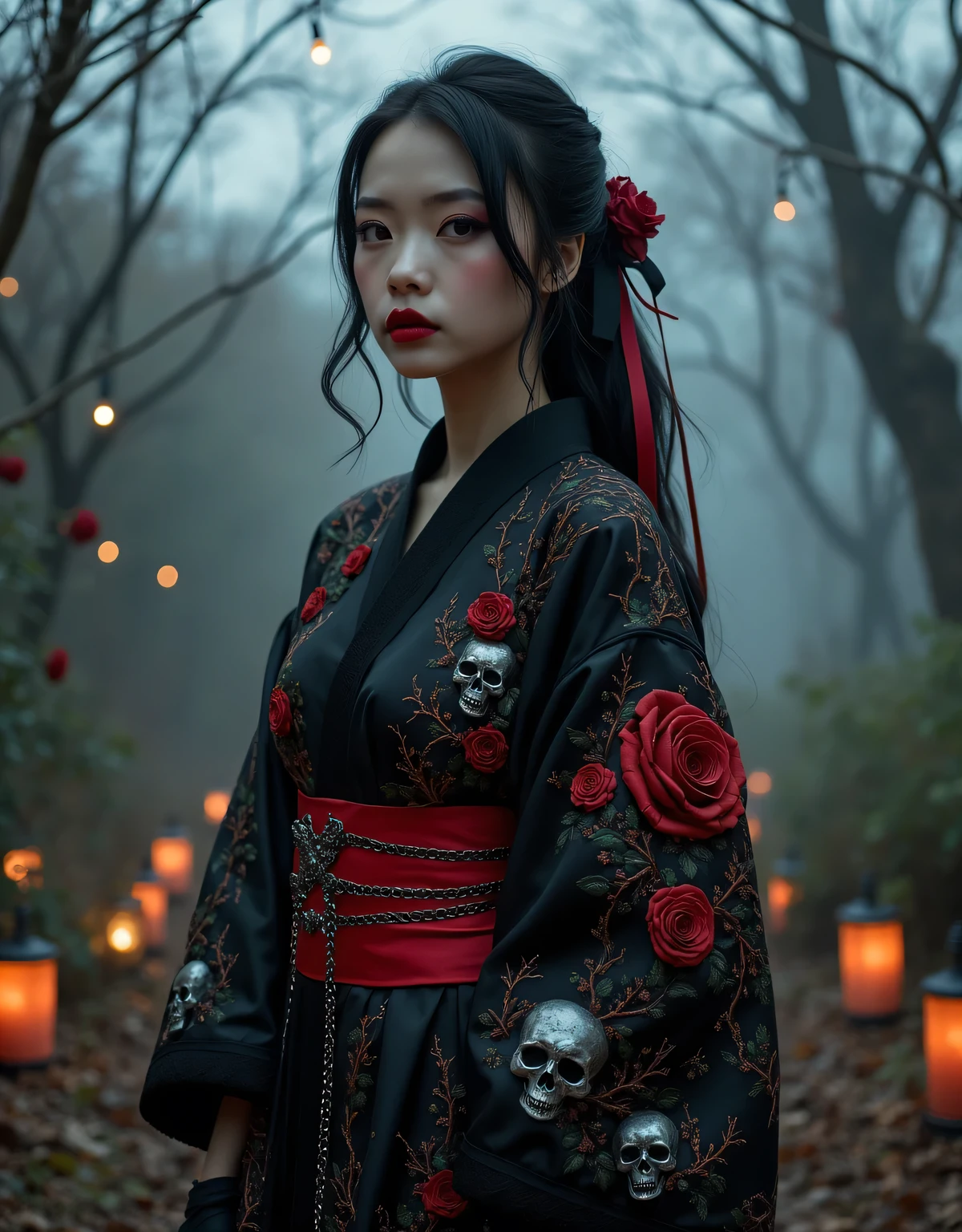 a striking young woman wearing a gothic rock-inspired yukata, standing in a mysterious twilight garden surrounded by blooming dark roses and flickering lanterns, the yukata features a dramatic design with deep black as the base color, adorned with intricate patterns of crimson roses, thorned vines, and silver skull motifs, accents of lace trim along the sleeves and collar add a touch of elegance, while a bold, wide obi belt in blood-red satin, fastened with a corset-like lace-up design, completes the outfit, her black hair cascades in soft waves, partially tied with a ribbon adorned with small chains and gothic charms, dark makeup emphasizes her piercing gaze, and her lips are painted a striking crimson, the setting is moody, with fog rolling across the ground, and the faint glow of moonlight streaming through the skeletal branches of trees, the overall scene exudes a haunting beauty, combining traditional Japanese aesthetics with gothic rock flair