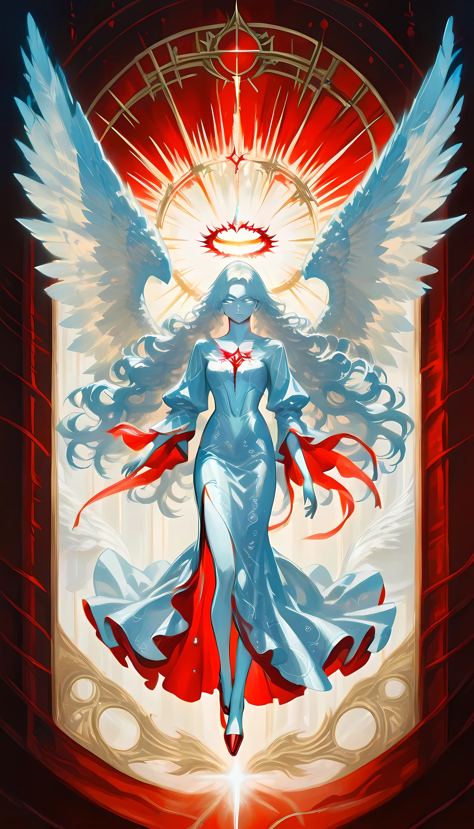 score_9, score_8_up, score_7_up, score_6_up, score_5_up, score_4_up, a magnificent female angel, busty long hair, dynamic hair color, long hair, wavy hair, shining blue eyes, white wings, wearing intricate elegant black leather dress, wearing ((red high heels: 1.5)), wings have angel wings angel, pale skin, angel wings, wings, white wings, white hair, white eyes, glowing eyes, white dress with golden pattern, Halo, fantasy