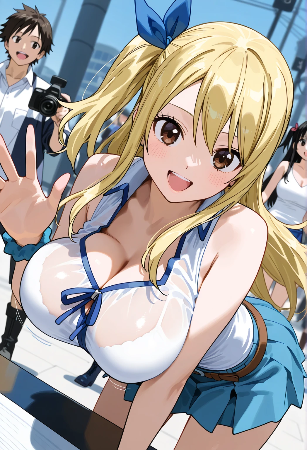   ultra-realistic pictures  、  RAW photo 、  realism、  3d rendering、 Unity Engine , BREAK  Lucy Heartfilia holding a gold key,   Lucy Heartfilia holding a gold key,Alone  ,  Blonde ,   brown eyes ,   long hair,  One side up, ribbon, hair ribbon, blue ribbon,   skirt,   shirt,Bare Skin,(Big Breasts:0.7) ,  boots,   sleeveless, blue   skirt,   sleeveless   shirt, white   shirt, zipper,bouncing breasts:1.2,hopeful, laughing, waving at the camera,fashion model posing,Viewers,   bust up, Alone,   Dutch Angle ,Hanging breasts、  cleavage、 Upper Body Closeup 、see-through shirt:1.3,