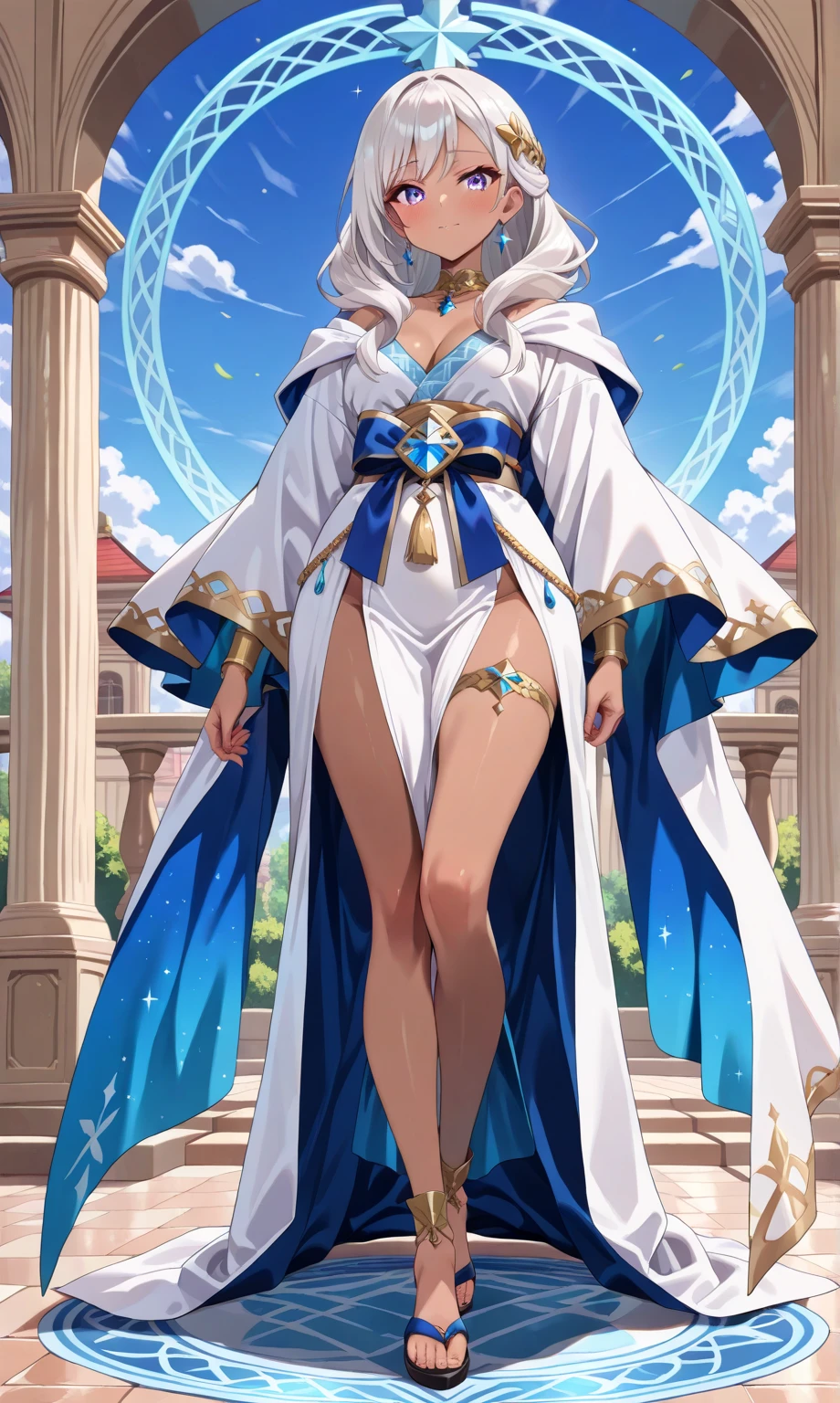 a beautiful short blue-haired girl wearing an elaborate egyptian queen's costume, sexy white egyptian dress with colored striped fabric hem, beautiful naked thighs, full body view, short hair, golden eyes, in the style of an egyptian golden cat, white background, photorealistic, 8k, high quality, detailed, vivid colors, dramatic lighting, Wearing high gold shoes, cute face is obvious, (blank white background with no other objects) Slim body, Standing straight pose, both free hand poses (smile