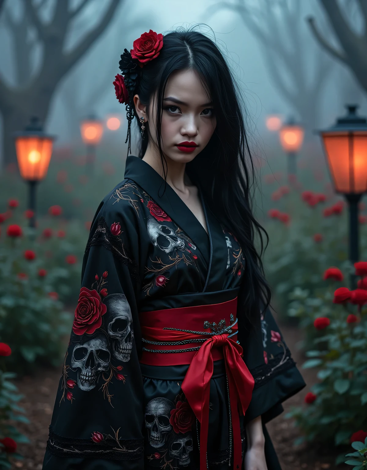 a striking young woman wearing a gothic rock-inspired yukata, standing in a mysterious twilight garden surrounded by blooming dark roses and flickering lanterns, the yukata features a dramatic design with deep black as the base color, adorned with intricate patterns of crimson roses, thorned vines, and silver skull motifs, accents of lace trim along the sleeves and collar add a touch of elegance, while a bold, wide obi belt in blood-red satin, fastened with a corset-like lace-up design, completes the outfit, her black hair cascades in soft waves, partially tied with a ribbon adorned with small chains and gothic charms, dark makeup emphasizes her piercing gaze, and her lips are painted a striking crimson, the setting is moody, with fog rolling across the ground, and the faint glow of moonlight streaming through the skeletal branches of trees, the overall scene exudes a haunting beauty, combining traditional Japanese aesthetics with gothic rock flair