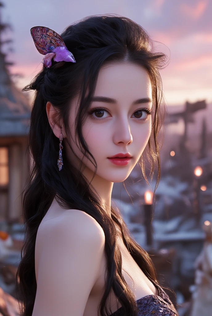 Masterpiece, full body, random angle view, photography, 
"Japanese beautiful young woman, white pale skin",very long hair elaborate updo black, pretty Strapless dress,with butterfly (fabric butterfly around), medival style, front of rough stone wood cabin, wastland environment, 