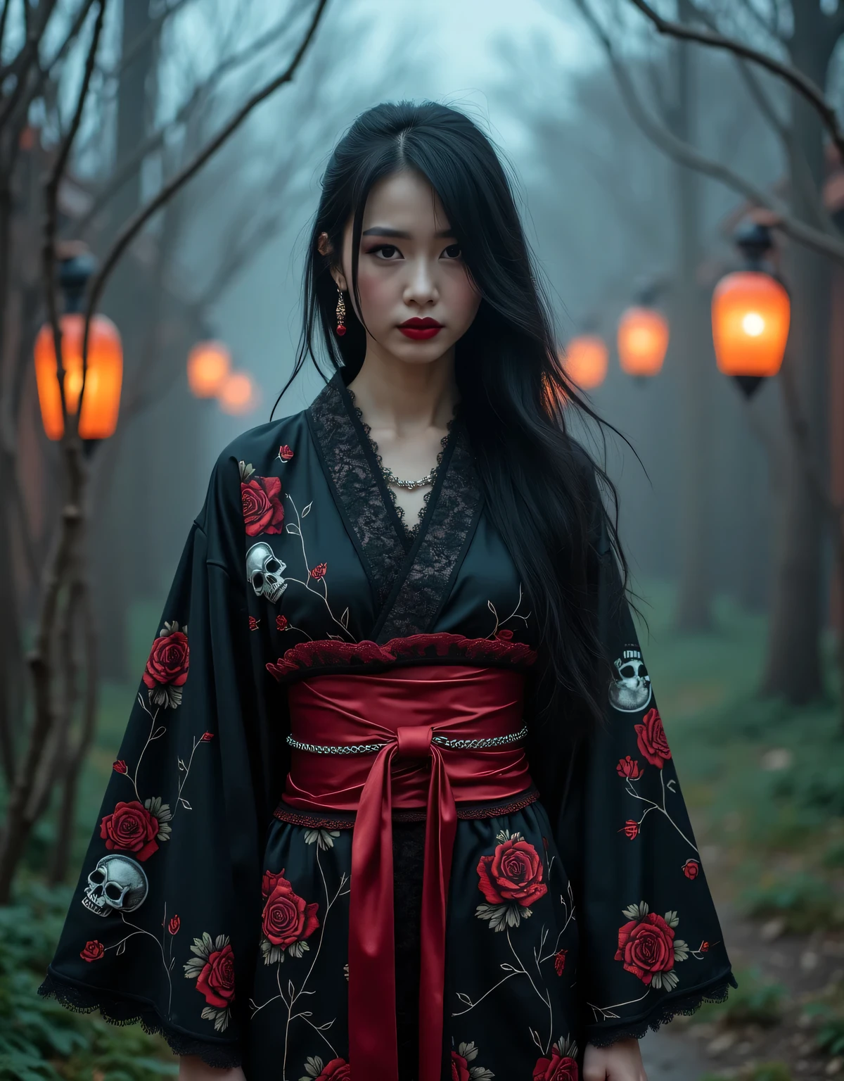 a striking young woman wearing a gothic rock-inspired yukata, standing in a mysterious twilight garden surrounded by blooming dark roses and flickering lanterns, the yukata features a dramatic design with deep black as the base color, adorned with intricate patterns of crimson roses, thorned vines, and silver skull motifs, accents of lace trim along the sleeves and collar add a touch of elegance, while a bold, wide obi belt in blood-red satin, fastened with a corset-like lace-up design, completes the outfit, her black hair cascades in soft waves, partially tied with a ribbon adorned with small chains and gothic charms, dark makeup emphasizes her piercing gaze, and her lips are painted a striking crimson, the setting is moody, with fog rolling across the ground, and the faint glow of moonlight streaming through the skeletal branches of trees, the overall scene exudes a haunting beauty, combining traditional Japanese aesthetics with gothic rock flair