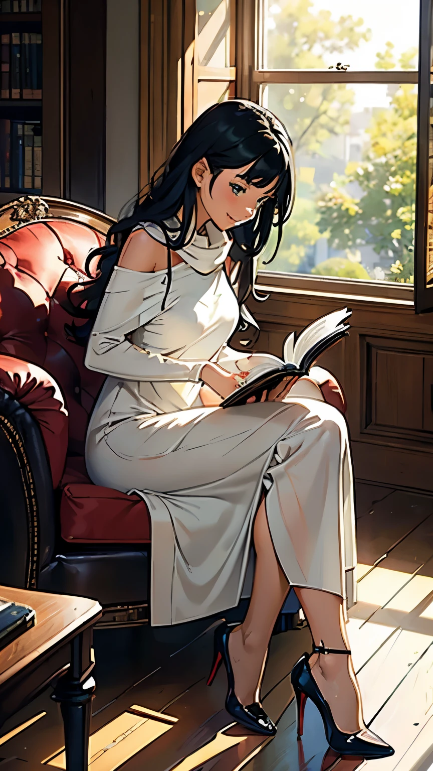    ((masterpiece, high resolution, better quality, better details)), ((Smiling)), ((one girl)) a girl reading a book in a sunlit living room, full body, wearing a long knit dress, ((long dress without openings)), with a cozy shawl, ((Louboutin high heels)), green eyes, ((black hair, hair)), shiny skin, ((side view)), solo, from the side, full body, focus full body, surrounded by comfortable furniture and a large window with sunlight streaming in