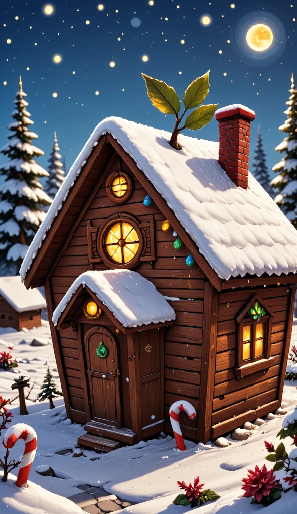 3D cartoon style Christmas cottage, shaped like an apple, decorated with colorful lights and candy canes, the roof covered with thick snow, surrounded by snow-covered pine trees, creating a joyful festive atmosphere