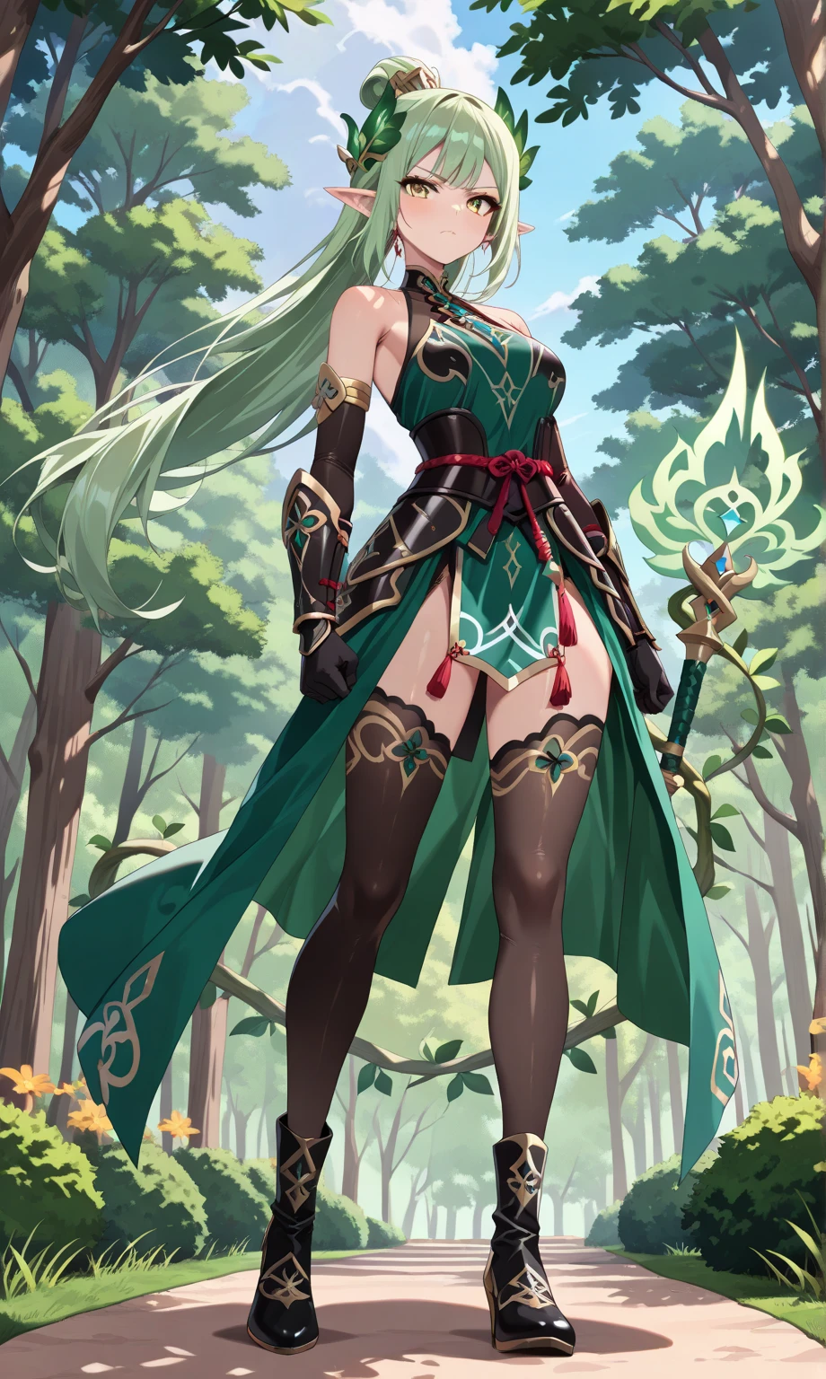 ファンタジー, 1forest_elemental_girl, dynamic_pose_fighting, (using_leaves_clothes, green_leaves_covered_breasts, leaves_covered_pussy)+++,big_tits,dynamic_pose_standing, light_smile, 眠い, medium_hair, へそ,(dark_skin)+, オイル, (winding_vine_around_torso)++, (ふっくらと)+,森, trees_background, leaves_headgear, green_leaves_cape, hold_large_long_staff, large_thighs, large_ass, (solo)+,