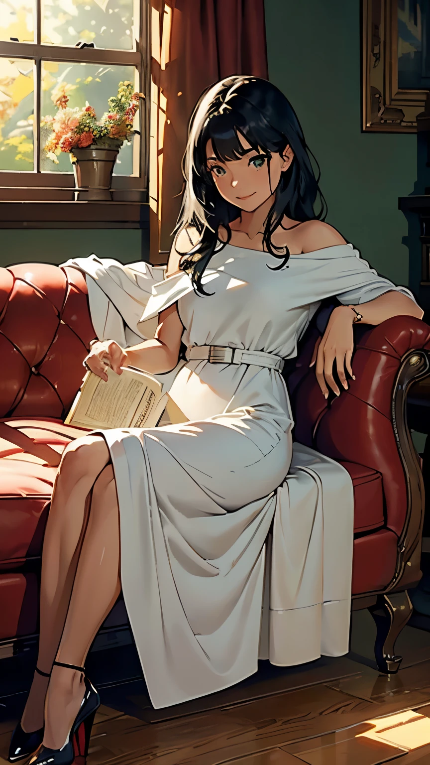    ((masterpiece, high resolution, better quality, better details)), ((Smiling)), ((one girl)) a girl reading a book in a sunlit living room, full body, wearing a long knit dress, ((long dress without openings)), with a cozy shawl, ((Louboutin high heels)), green eyes, ((black hair, hair)), shiny skin, ((side view)), solo, from the side, full body, focus full body, surrounded by comfortable furniture and a large window with sunlight streaming in