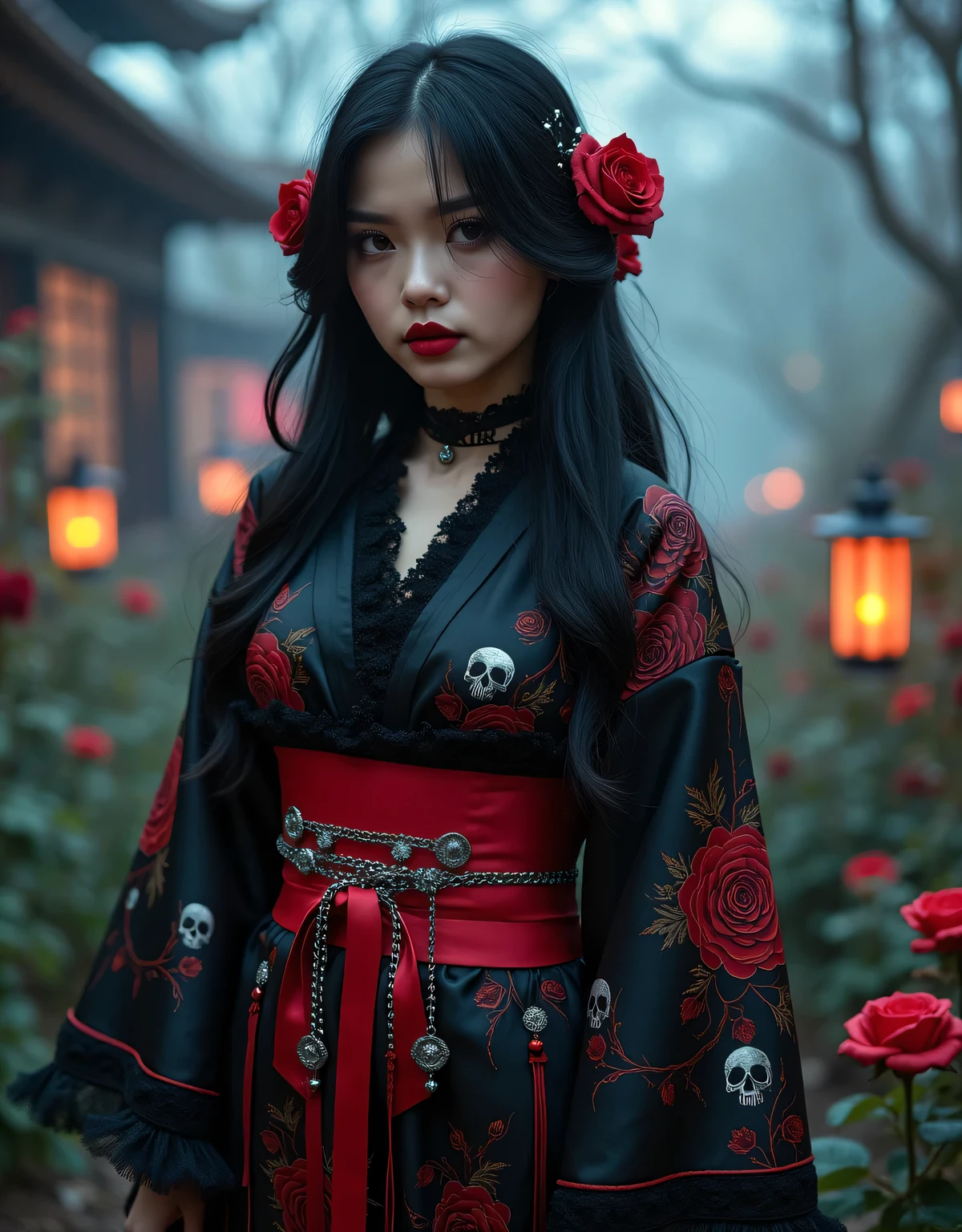 a striking young woman wearing a gothic rock-inspired yukata, standing in a mysterious twilight garden surrounded by blooming dark roses and flickering lanterns, the yukata features a dramatic design with deep black as the base color, adorned with intricate patterns of crimson roses, thorned vines, and silver skull motifs, accents of lace trim along the sleeves and collar add a touch of elegance, while a bold, wide obi belt in blood-red satin, fastened with a corset-like lace-up design, completes the outfit, her black hair cascades in soft waves, partially tied with a ribbon adorned with small chains and gothic charms, dark makeup emphasizes her piercing gaze, and her lips are painted a striking crimson, the setting is moody, with fog rolling across the ground, and the faint glow of moonlight streaming through the skeletal branches of trees, the overall scene exudes a haunting beauty, combining traditional Japanese aesthetics with gothic rock flair