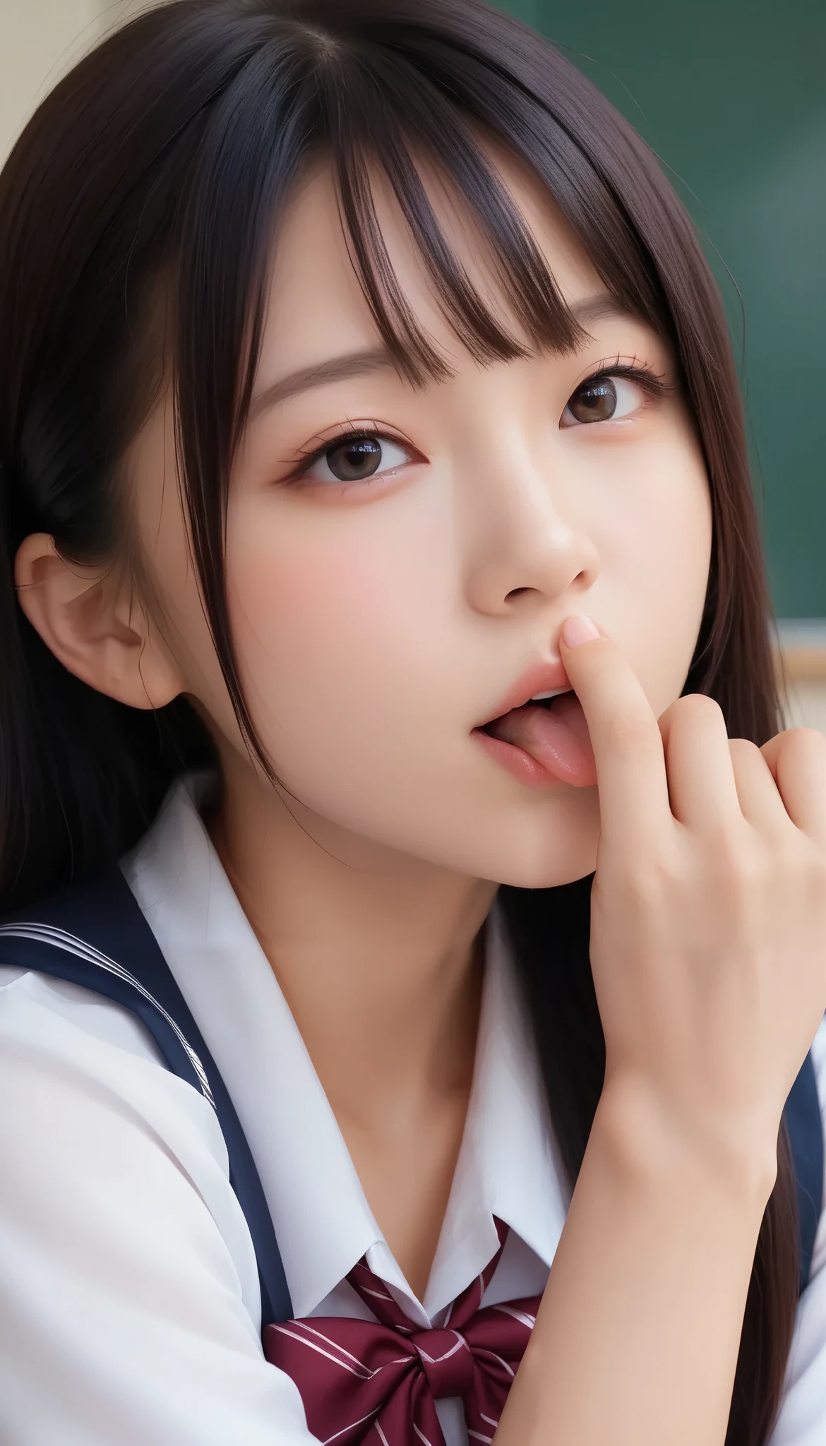 ((Finger fellatio in the classroom)), ((Spying from the side)), ((Summer school uniform)),  small breasts, slender,  small butt,  Japanese ,  1 girl, 18 years old, ((Estrus season,  seductive expression)),  ideal body proportions,  black hair, With bangs,  small breasts,  erect nipples , slender,  small butt,  thin thighs ,  Beautiful Morning Glow ,  Cinematic Writing,  deep border, First Person View,  F/1.8, 135mm,  ticker, masterpiece, Curation,  anatomically accurate, textured skin,  super detailed ,  high detail,  High Quality , Awards, 最 High Quality ,  high definition , 8k, Super cute face,  idol face, Baby Face, ( detailed hands :1.2,  perfect right hand:1.2)