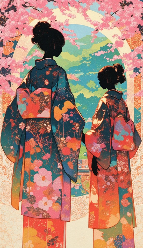 A collage art of women in yukata. The backdrop of a scenic sakura forest in Japan inside the woman's silhouette. Background of japanese sakura design patterns.