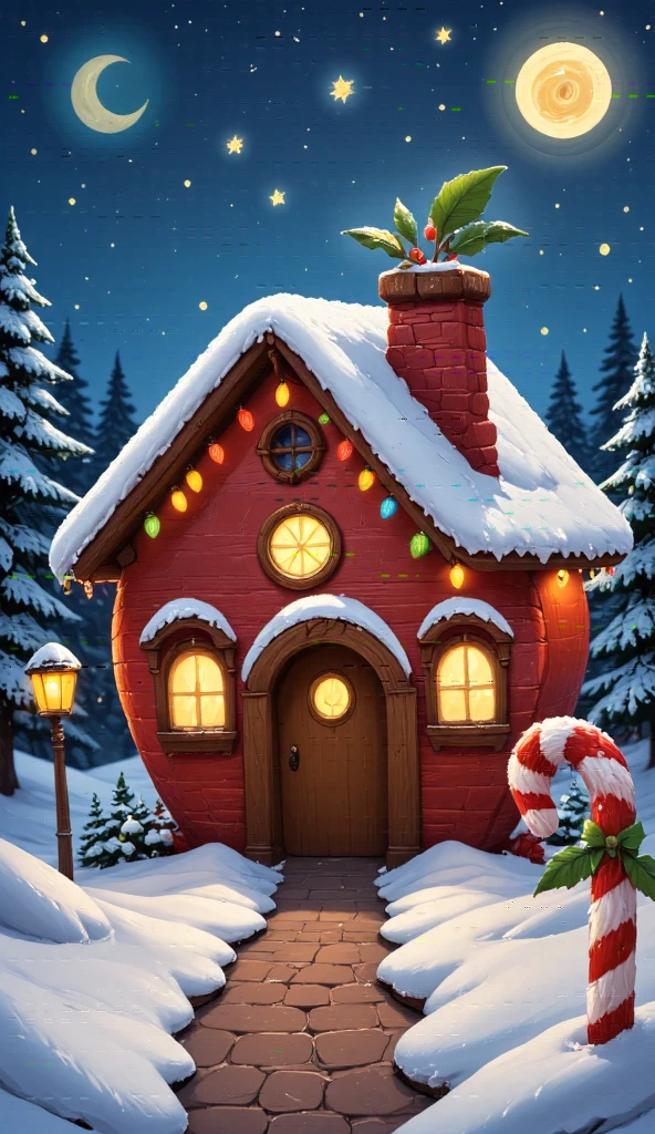 3D cartoon style Christmas cottage, shaped like an apple, decorated with colorful lights and candy canes, the roof covered with thick snow, surrounded by snow-covered pine trees, creating a joyful festive atmosphere