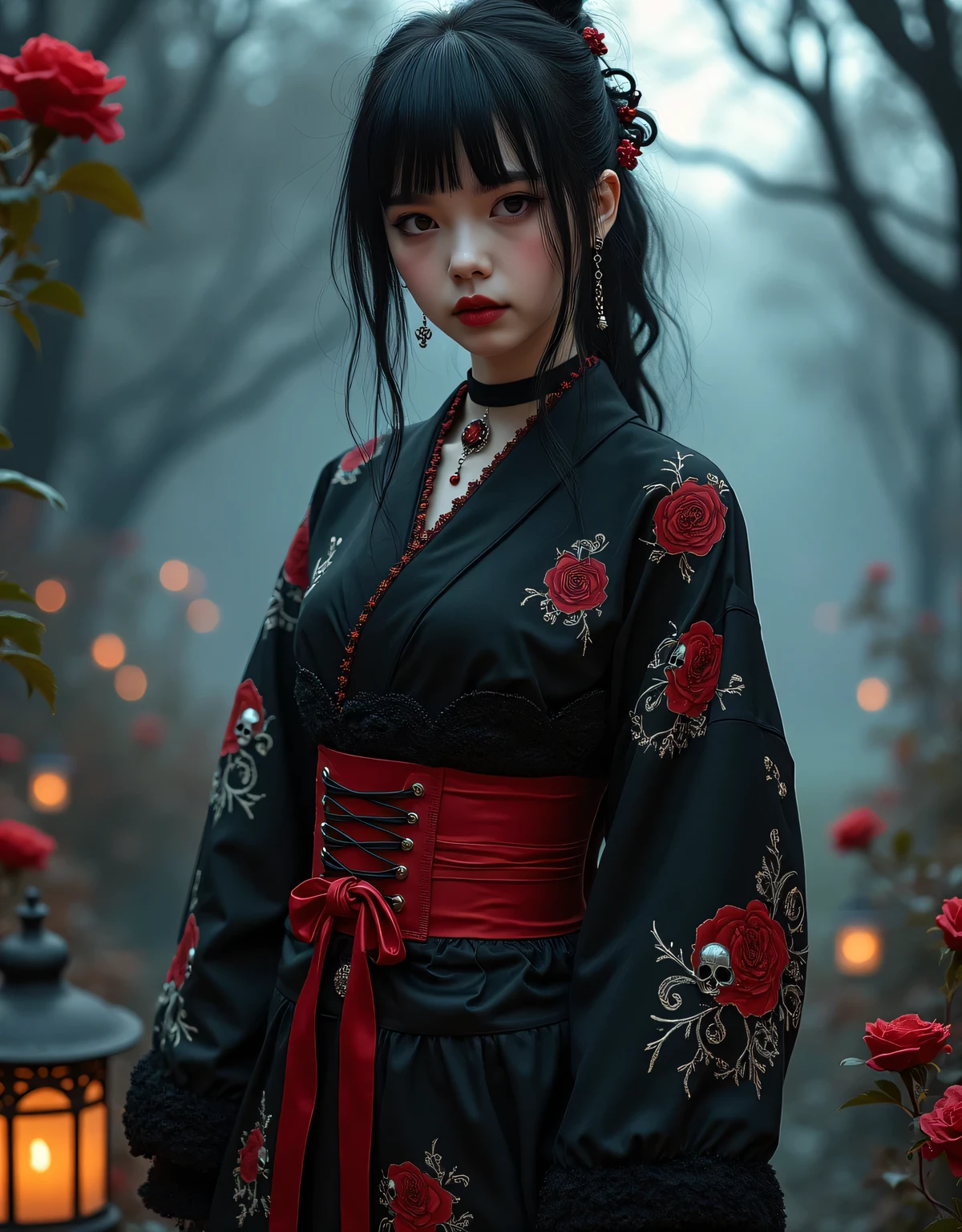 a striking young woman wearing a gothic rock-inspired yukata, standing in a mysterious twilight garden surrounded by blooming dark roses and flickering lanterns, the yukata features a dramatic design with deep black as the base color, adorned with intricate patterns of crimson roses, thorned vines, and silver skull motifs, accents of lace trim along the sleeves and collar add a touch of elegance, while a bold, wide obi belt in blood-red satin, fastened with a corset-like lace-up design, completes the outfit, her black hair cascades in soft waves, partially tied with a ribbon adorned with small chains and gothic charms, dark makeup emphasizes her piercing gaze, and her lips are painted a striking crimson, the setting is moody, with fog rolling across the ground, and the faint glow of moonlight streaming through the skeletal branches of trees, the overall scene exudes a haunting beauty, combining traditional Japanese aesthetics with gothic rock flair