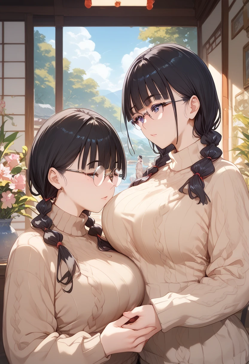  top quality , masterpiece,  Details, Five fingers,  Japanese women, 18 years old,  wears glasses, Black hair pigtails,  very large breasts,  beige knit sweater 