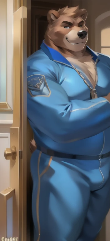 <lora:smusmu_v1_5_n3-000001:1>, smusmu, mature man, flight attendant, airplane cabin, blue crop top, bowtie, light blue sheer see-through underwear, full body, beard, short hair