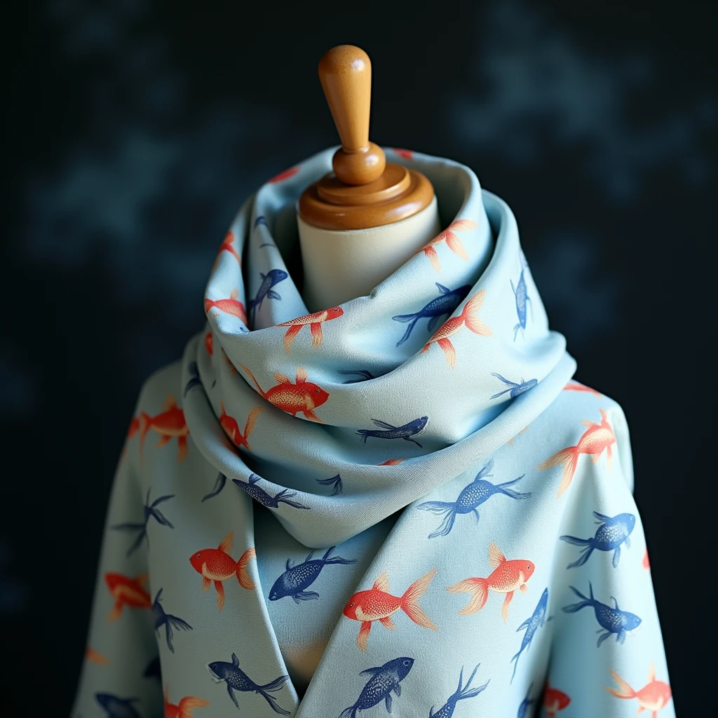 1 scarf , scarf remade with Japanese yukata fabric,（ milky white yukata fabric ),(Blue goldfish pattern ), soft cloth texture , black background, High Quality ,Detailed model ,