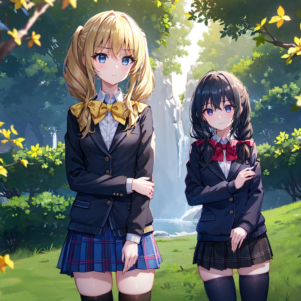 1 girl, twintails, long hair, blonde hair, blue eyes, black ribbon,
red diagonal-striped bow, cardigan, plaid skirt, black thighhighs, smile, v-shaped eyebrows, closed mouth,
(holding unworn blazer:1.1), blazer on one shoulder, standing, from below, from side, school yard,
cinematic lighting, lens flare, chromatic aberration, depth of field,
masterpiece, best quality, very aesthetic, absurdres, ultra detailed, UHD, 8K, highly detailed, newest,
cetus,