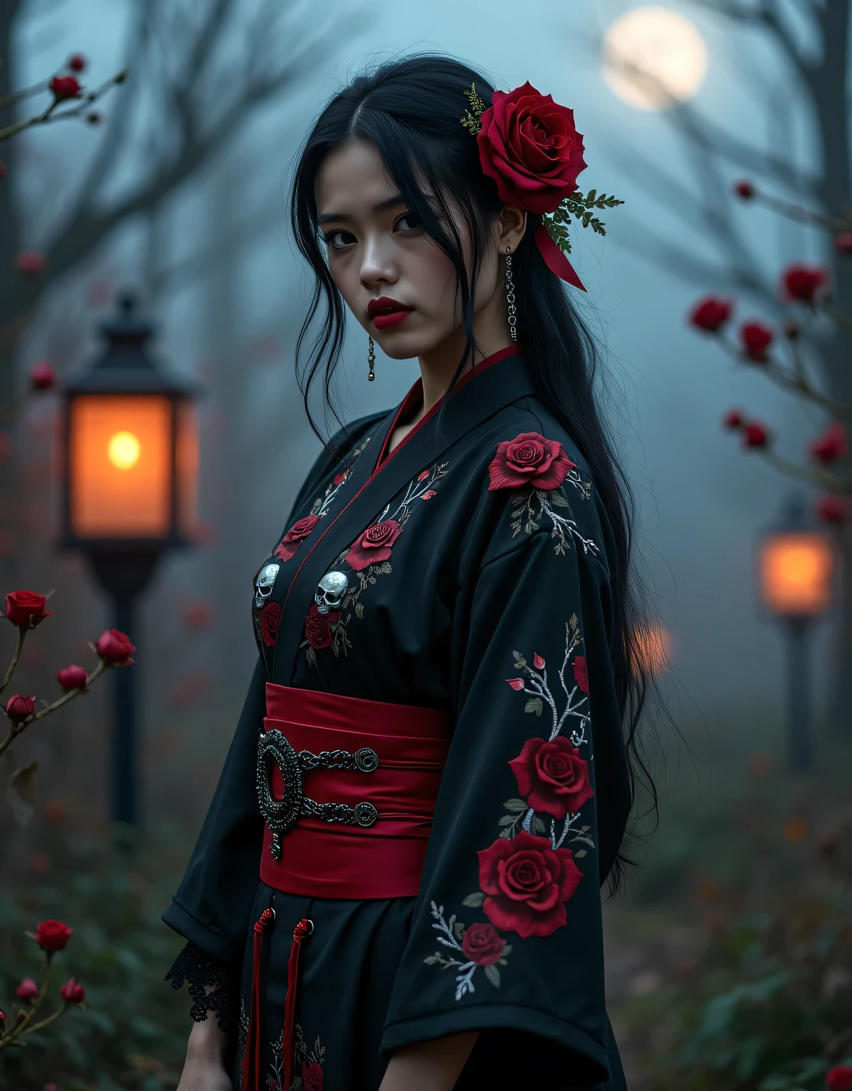 a striking young woman wearing a gothic rock-inspired yukata, standing in a mysterious twilight garden surrounded by blooming dark roses and flickering lanterns, the yukata features a dramatic design with deep black as the base color, adorned with intricate patterns of crimson roses, thorned vines, and silver skull motifs, accents of lace trim along the sleeves and collar add a touch of elegance, while a bold, wide obi belt in blood-red satin, fastened with a corset-like lace-up design, completes the outfit, her black hair cascades in soft waves, partially tied with a ribbon adorned with small chains and gothic charms, dark makeup emphasizes her piercing gaze, and her lips are painted a striking crimson, the setting is moody, with fog rolling across the ground, and the faint glow of moonlight streaming through the skeletal branches of trees, the overall scene exudes a haunting beauty, combining traditional Japanese aesthetics with gothic rock flair