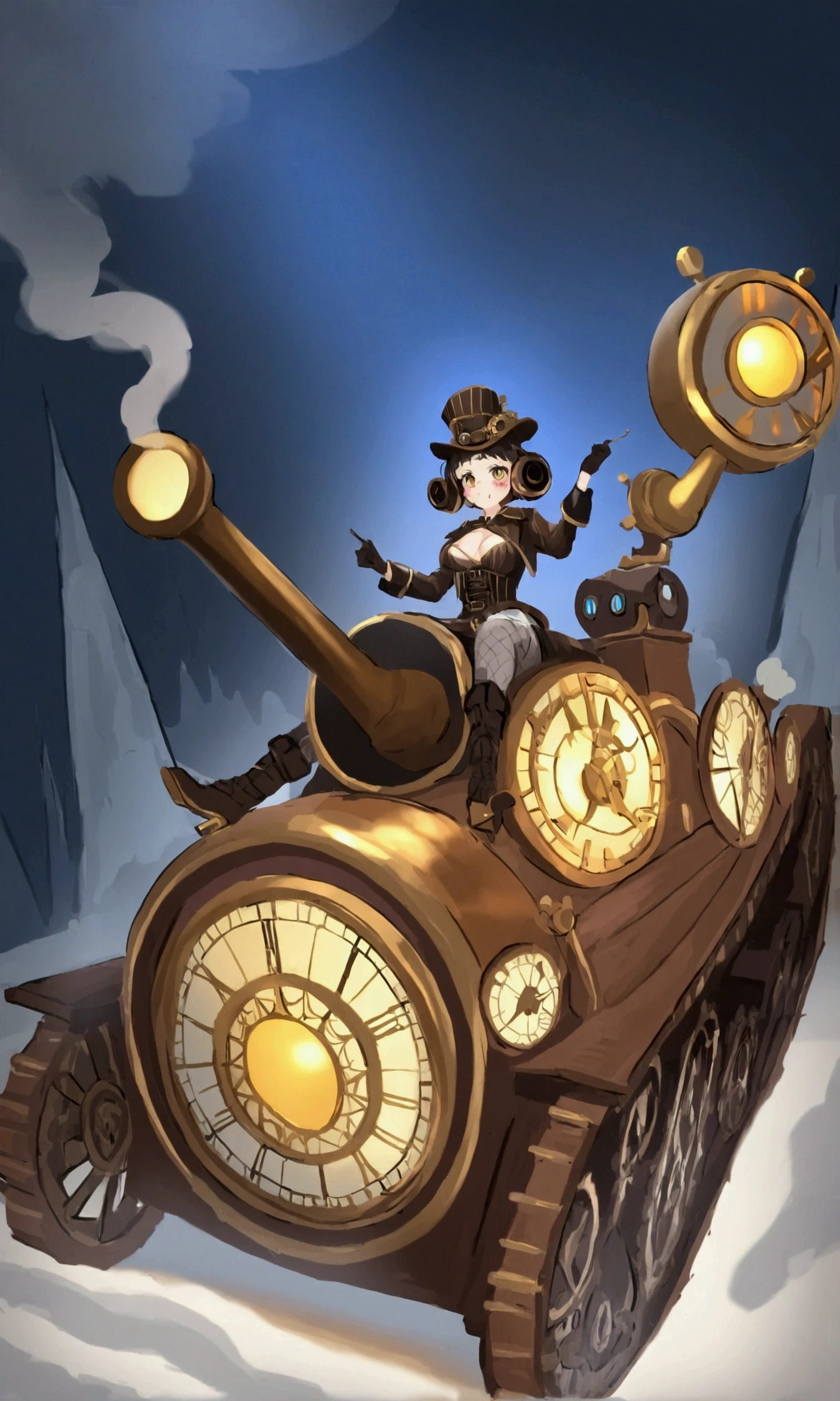 A cute woman (cute, age 22, role of a steam punk explorer, sexy costume, many gadgets and clockwork doohickeys) she is riding on her clockwork steam driven Christmas tortoise, winter wonderland
