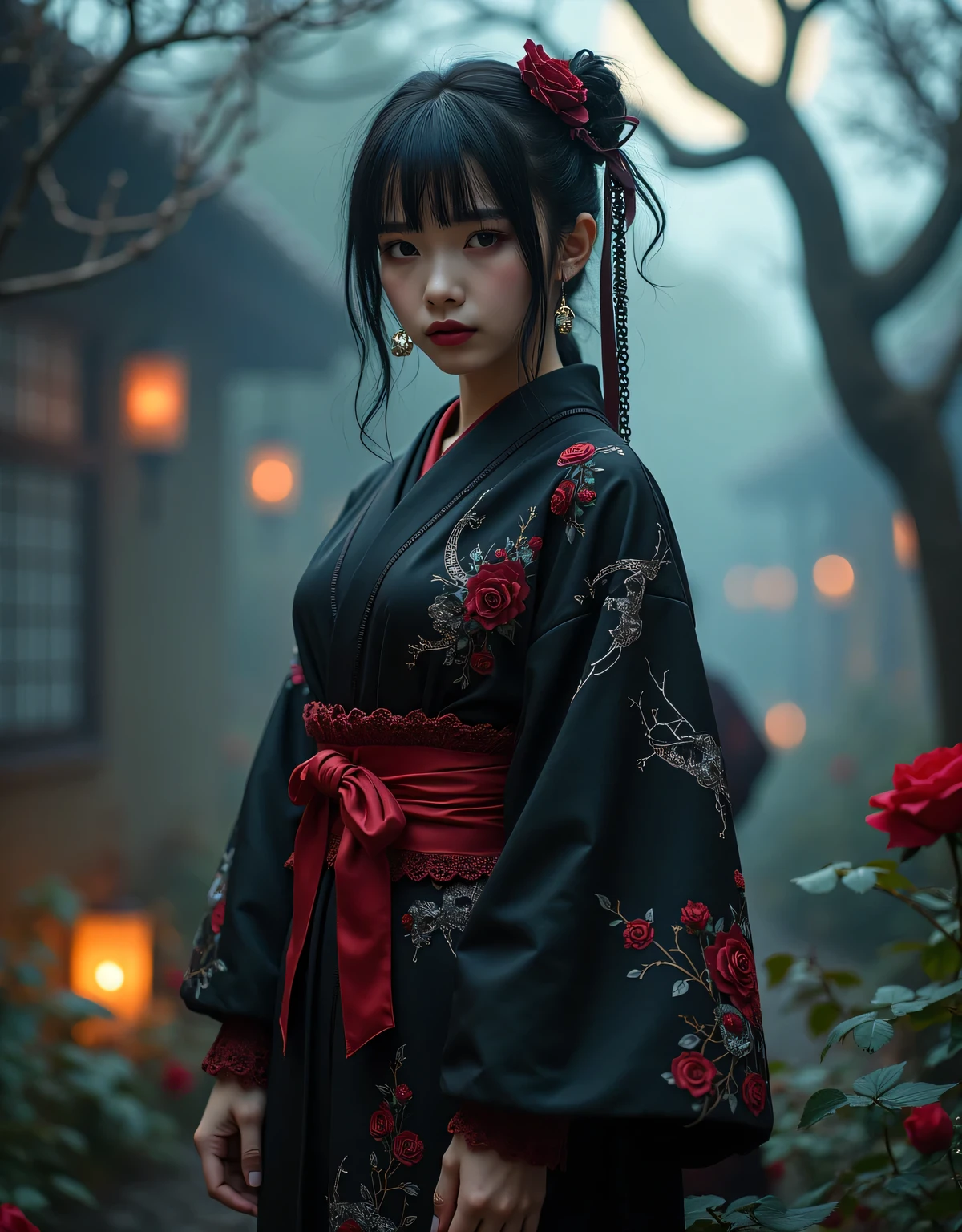 a striking young woman wearing a gothic rock-inspired yukata, standing in a mysterious twilight garden surrounded by blooming dark roses and flickering lanterns, the yukata features a dramatic design with deep black as the base color, adorned with intricate patterns of crimson roses, thorned vines, and silver skull motifs, accents of lace trim along the sleeves and collar add a touch of elegance, while a bold, wide obi belt in blood-red satin, fastened with a corset-like lace-up design, completes the outfit, her black hair cascades in soft waves, partially tied with a ribbon adorned with small chains and gothic charms, dark makeup emphasizes her piercing gaze, and her lips are painted a striking crimson, the setting is moody, with fog rolling across the ground, and the faint glow of moonlight streaming through the skeletal branches of trees, the overall scene exudes a haunting beauty, combining traditional Japanese aesthetics with gothic rock flair