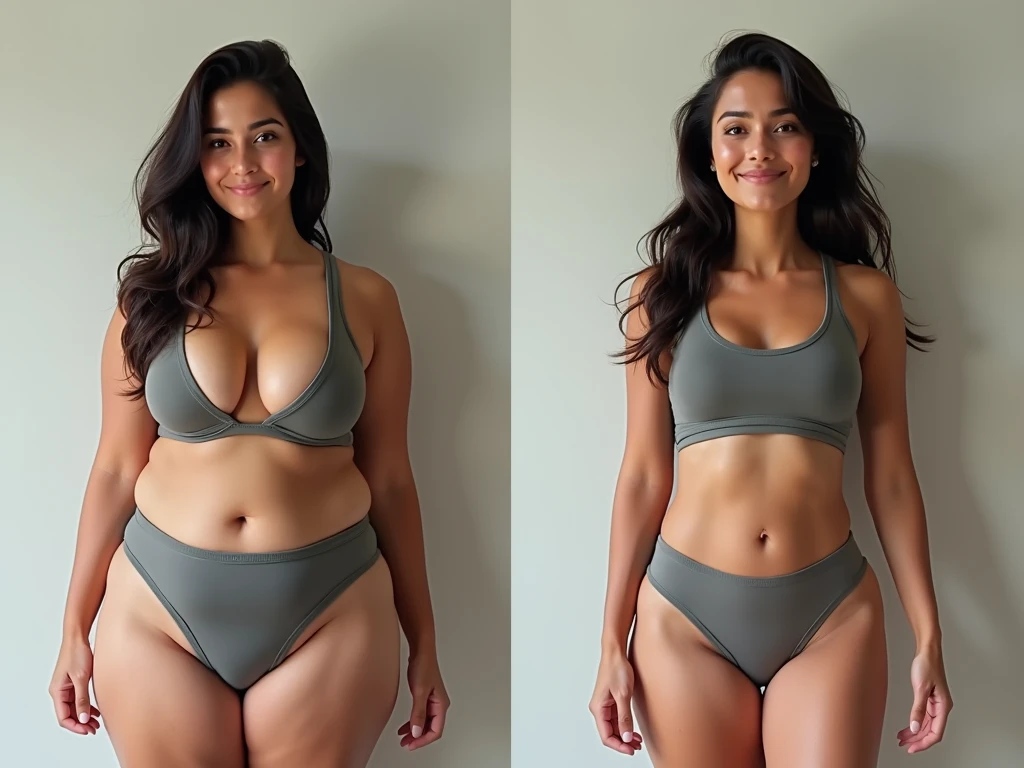 Full body image front and back views, of bobbed haired pixie haired, short tiny  sexy muscular voluptuous curvaceous thick buxom Alaskan native teen mom with huge hips buttox wearing croptop tanktop and thong at home 
