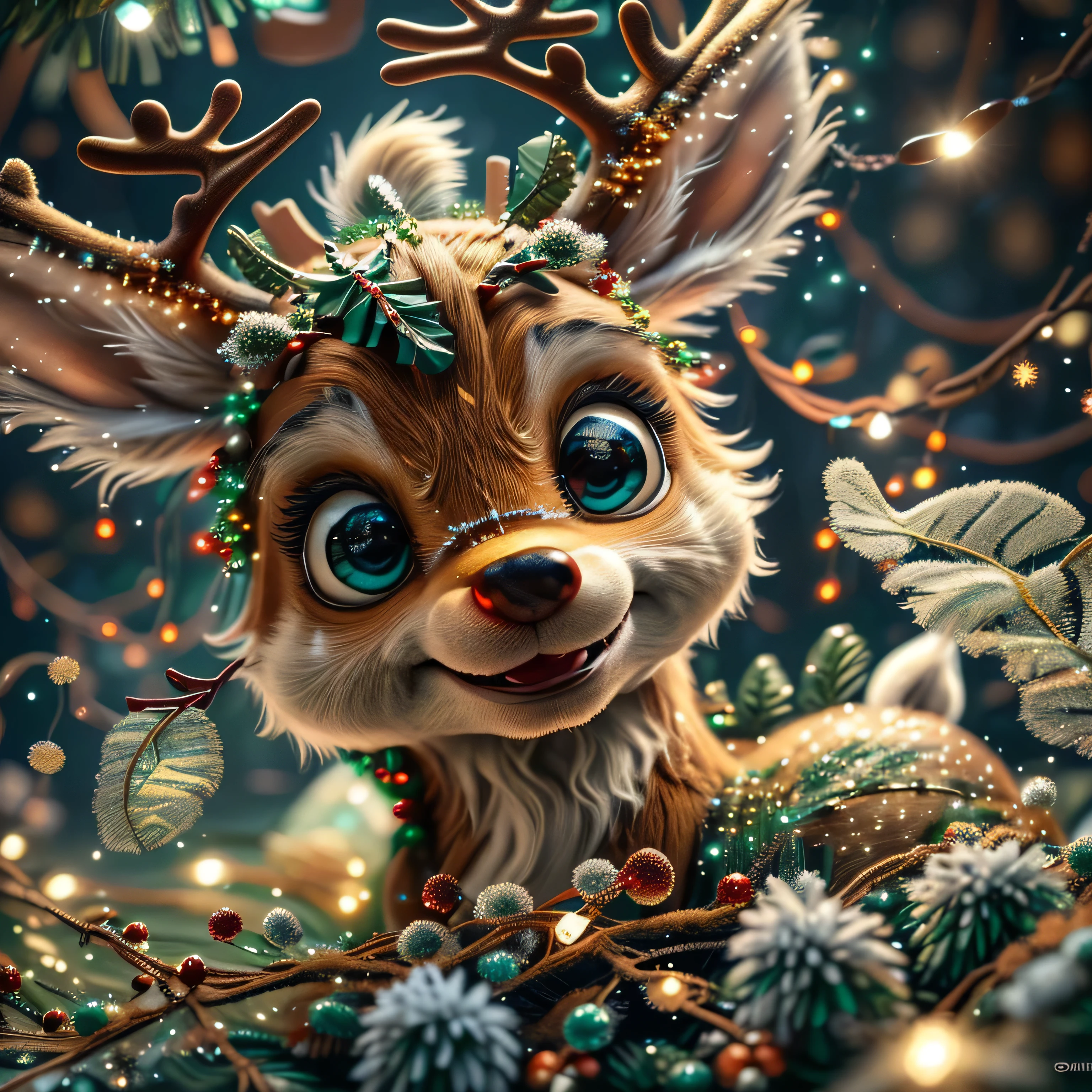 Magical Fantasy Creature, (Best Quality, Masterpiece, Representative Work, Official Art, Professional, Super Detailed, 8k:1.3), (Photorealism:1.2) Super Cute, Big Eyes, Soft, Soft Nose, Fluffy, Double-Toothed Smile, funny Christmas meme with A reindeer tangled in fairy lights. A reindeer with a confused expression, surrounded by bright fairy lights that are entangled around its antlers and body. Add some funny text, such as: 'I just wanted to decorate for the holidays, but now I'm a Christmas tree!' Use bright, festive colors and elements like a tree, snowflakes, and presents to create a fun holiday atmosphere. Aurorastyle, Highly detailed Dynamic shot of majestic adorable baby reindeer, high quality, beautiful masterpiece, fantasy creature, kawaii, digital art, glowing sparkles, Realistic, Beautiful, Stars in Eyes, Soft Volumetric Light, (Backlight:1.3), (Cinematic:1.2), Intricate Details, (ArtStation:1.3), --auto --s2