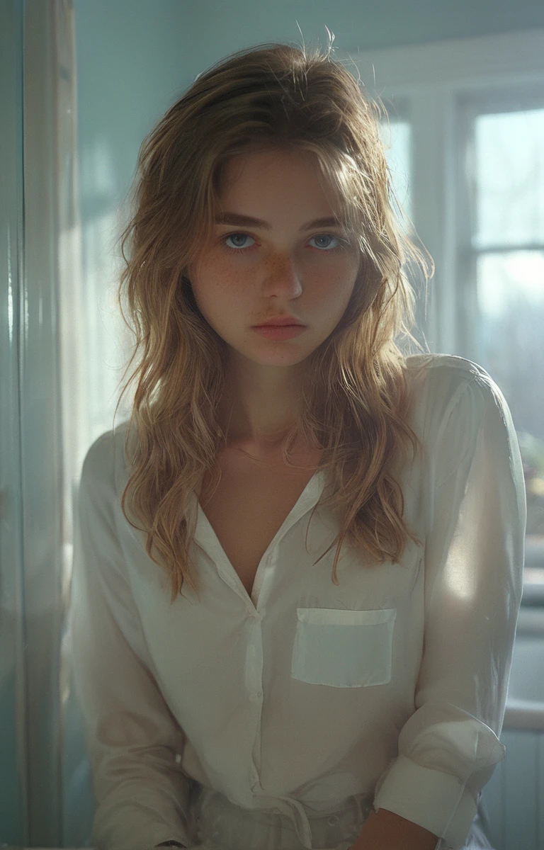 A 20-year-old girl taking a selfie white blouse bathroom .