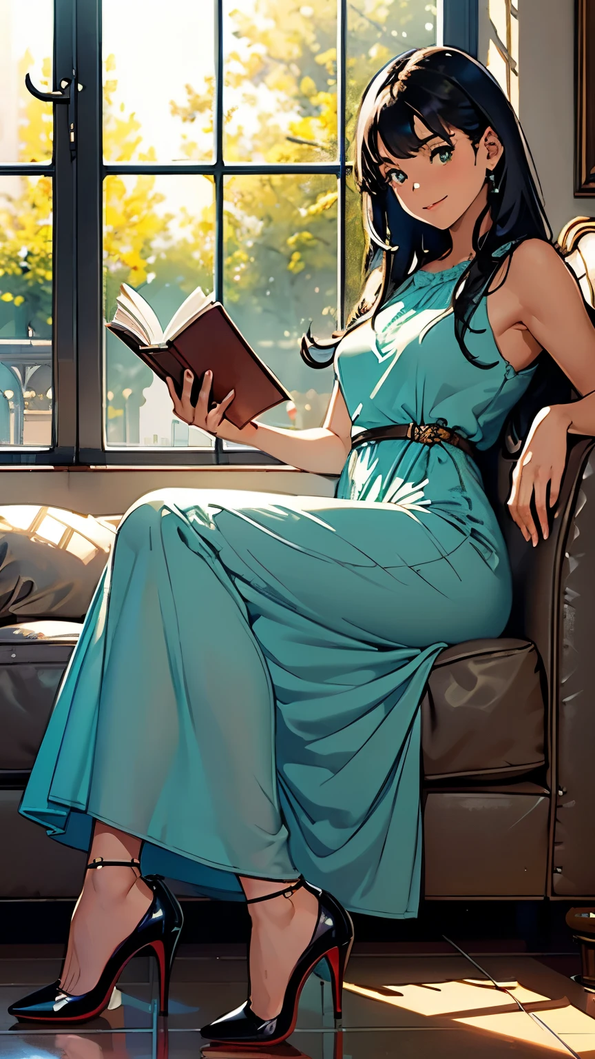    ((masterpiece, high resolution, better quality, better details)), ((Smiling)), ((one girl)) a girl reading a book in a sunlit living room, full body, wearing a long knit dress, ((long dress without openings)), with a cozy shawl, ((Louboutin high heels)), green eyes, ((black hair, hair)), shiny skin, ((side view)), solo, from the side, full body, focus full body, surrounded by comfortable furniture and a large window with sunlight streaming in