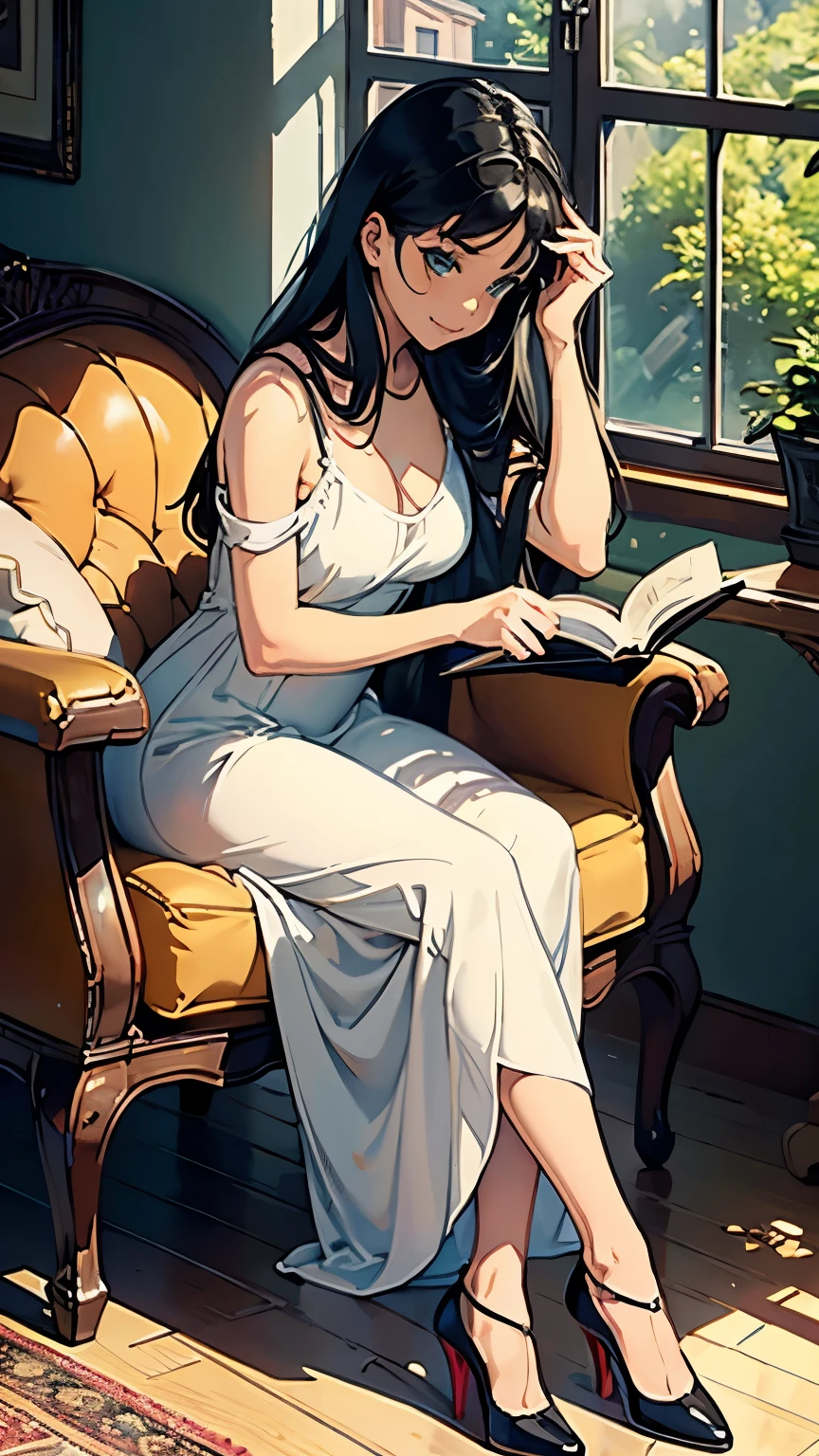    ((masterpiece, high resolution, better quality, better details)), ((Smiling)), ((one girl)) a girl reading a book in a sunlit living room, full body, wearing a long knit dress, ((long dress without openings)), with a cozy shawl, ((Louboutin high heels)), green eyes, ((black hair, hair)), shiny skin, ((side view)), solo, from the side, full body, focus full body, surrounded by comfortable furniture and a large window with sunlight streaming in