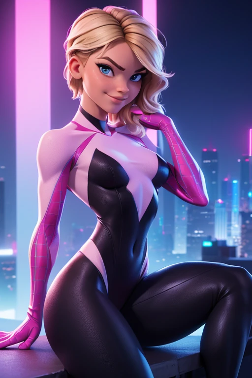 (masterpiece), best quality, expressive eyes, perfect face, front lighting, (cyber city at night with neon lights background), (sitting on ledge of a tall building), (smirk), (1girl, Belle Delphine, young adult, fair skin, blonde with pink higlight tips, short hairstyle with shaved side, blue eyes, hourglass figure, thin body, skinny body, petite_body, small breasts, wide hips, thick thighs), (Gwen Stacy spider-woman costume, tight spider-woman costume, cameltoe), (gwen),