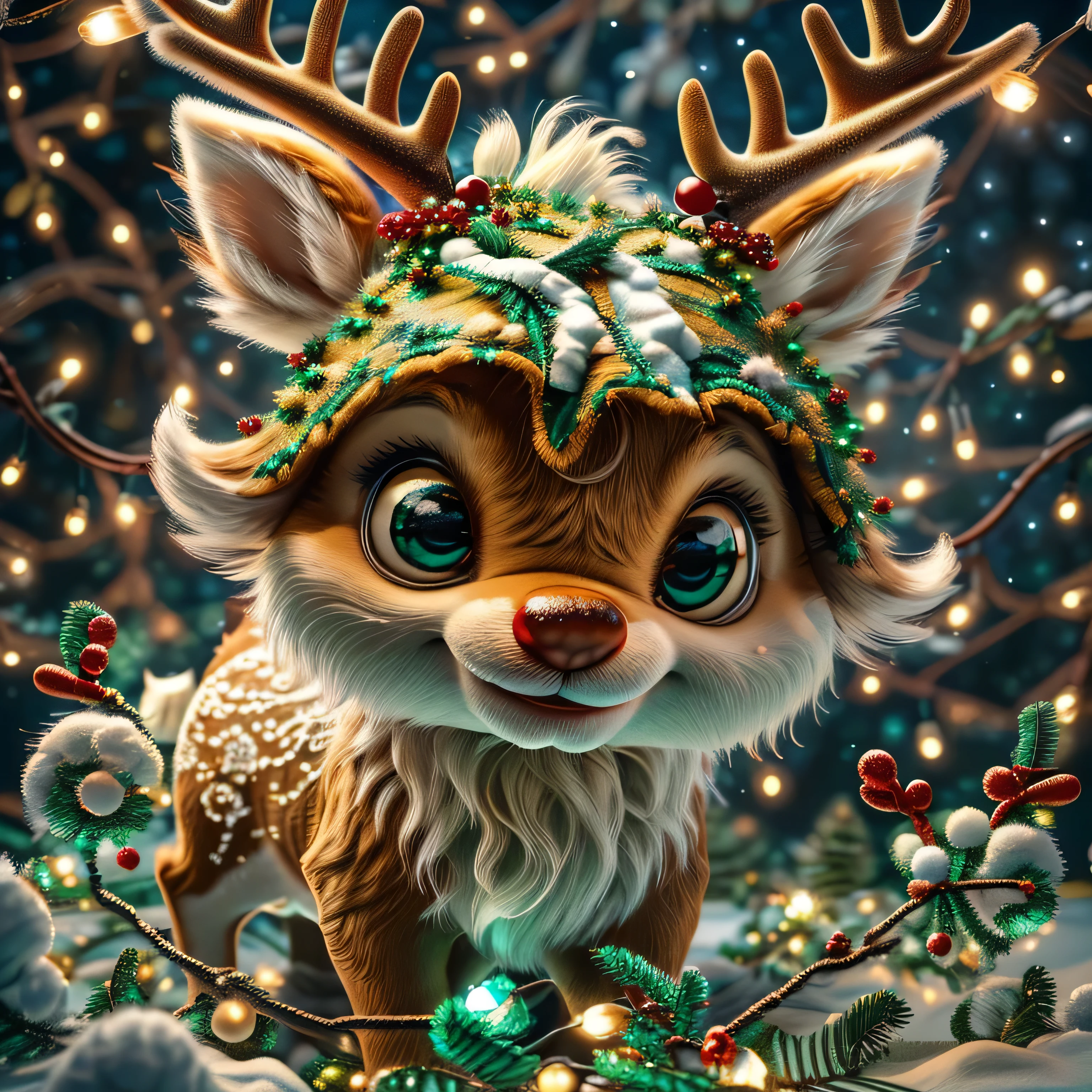 Magical Fantasy Creature, (Best Quality, Masterpiece, Representative Work, Official Art, Professional, Super Detailed, 8k:1.3), (Photorealism:1.2) Super Cute, Big Eyes, Soft, Soft Nose, Fluffy, Double-Toothed Smile, funny Christmas meme with A reindeer tangled in fairy lights. A reindeer with a confused expression, surrounded by bright fairy lights that are entangled around its antlers and body. Add some funny text, such as: 'I just wanted to decorate for the holidays, but now I'm a Christmas tree!' Use bright, festive colors and elements like a tree, snowflakes, and presents to create a fun holiday atmosphere. Aurorastyle, Highly detailed Dynamic shot of majestic adorable baby reindeer, high quality, beautiful masterpiece, fantasy creature, kawaii, digital art, glowing sparkles, Realistic, Beautiful, Stars in Eyes, Soft Volumetric Light, (Backlight:1.3), (Cinematic:1.2), Intricate Details, (ArtStation:1.3), --auto --s2