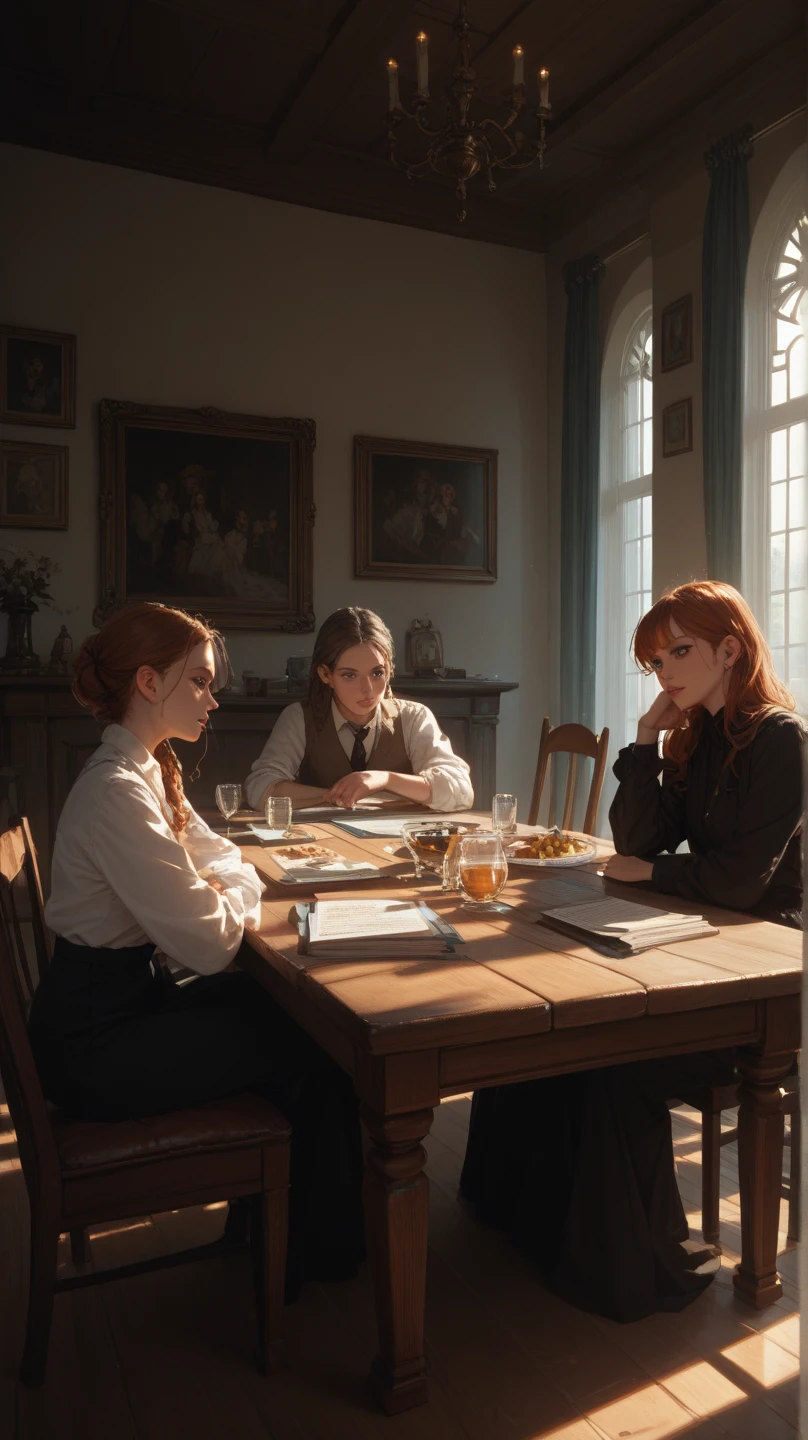 A dimly lit room with a group of friends sitting around a table - SeaArt AI