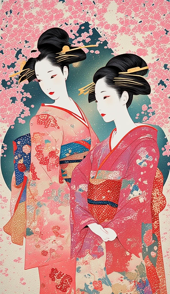 A collage art of women in yukata. The backdrop of a scenic sakura forest in Japan inside the woman's silhouette. Background of japanese sakura design patterns.