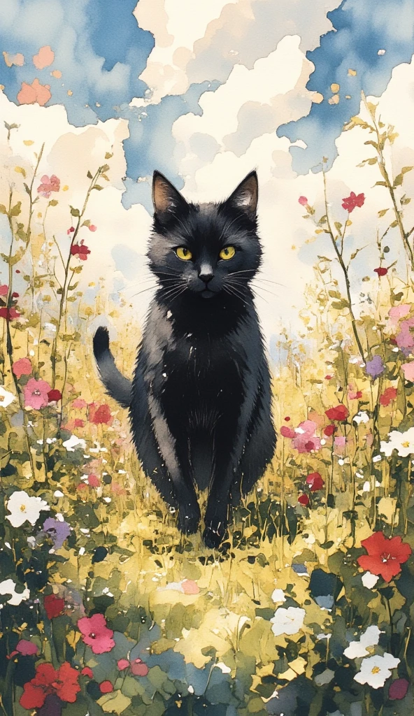 painting of a   black cat walking through a field of flowers, Watercolor painting depicting a black cat walking through a field of flowers,Tumbler,   conceptual art  , Rory Greasley, Most beautiful view , Big Perspective,  just a joke , visually stunning scene,   black cat, Amazing background