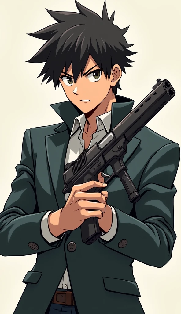1boy，拿着gun，Blue coat，Red lining，Black Hainger on the trigger，gun，手gun，持gun，arms，Male focus，，solo