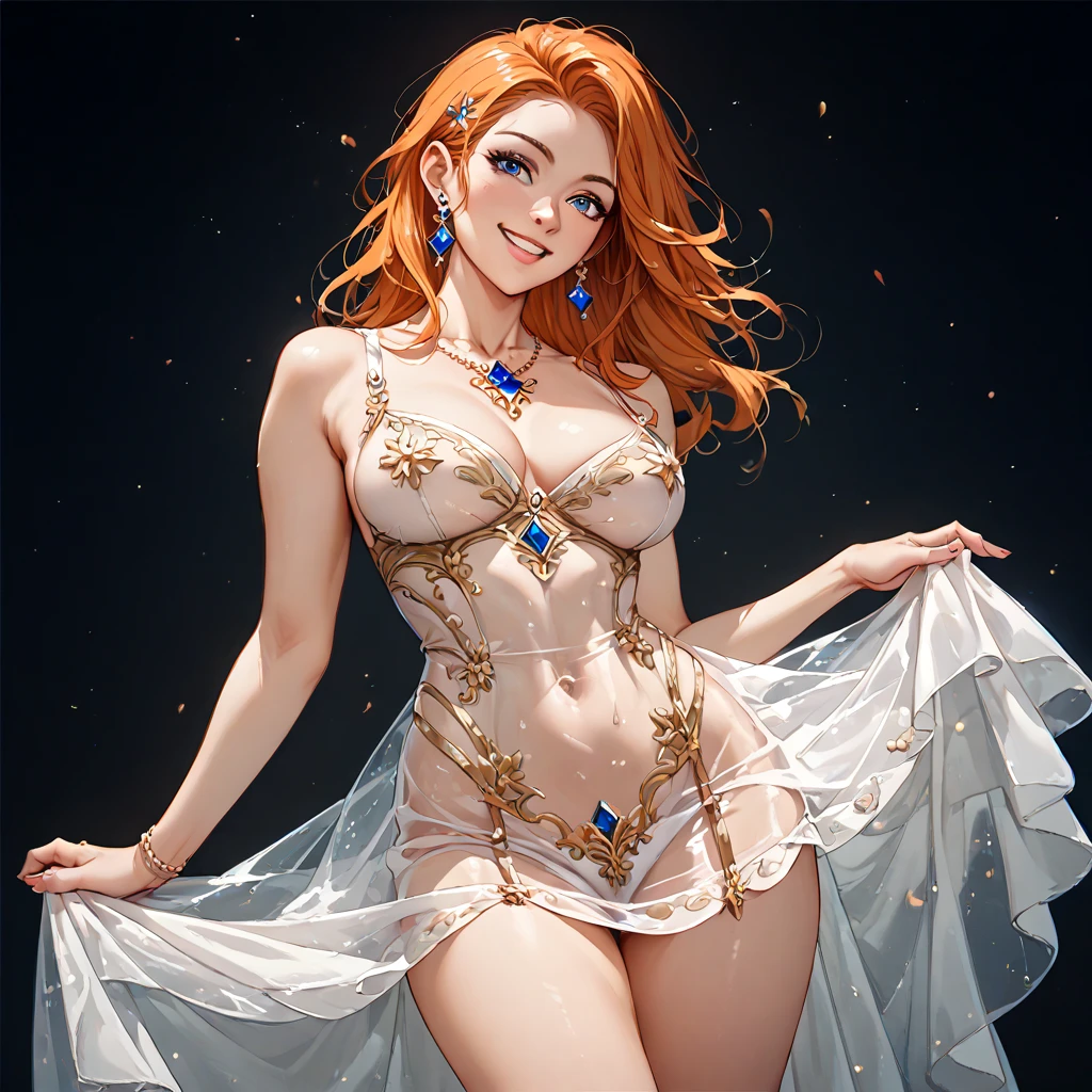 (( top quality )), ((masterpiece)), ( Details), （ perfect face）、Orange-haired Zessika Albert is wearing a see-through sexy dress and smiling in a pose showing off her charming body、Zeshika Albert is not wearing underwear