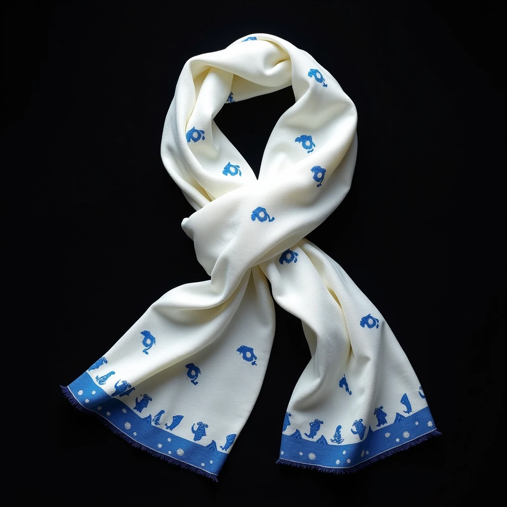 1 scarf , scarf remade with Japanese yukata fabric,（ milky white yukata fabric ),(Blue goldfish pattern ), soft cloth texture , black background, High Quality ,Detailed model ,