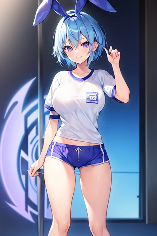1girl, bunny ears, rabbit ears, very short hair, pixie cut, blue hair, purple eyes, light smile, fang, ((fang)), large breasts, thick thighs, gym uniform, shirt, white shirt, short pants, blue shorts, standing, toned, arms down, hands down, stadium