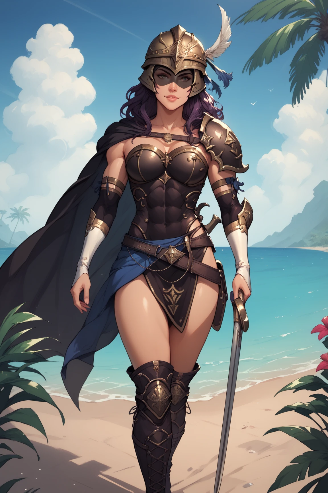 score_9, score_8_up, score_7_up, Sensual warrior, fit, long hair, black cape helmet, armor, black bodice, neckline, helmet, highlighted, black elbow gloves, black thigh boots, walking, the setting is a kingdom on a tropical island in Rome style