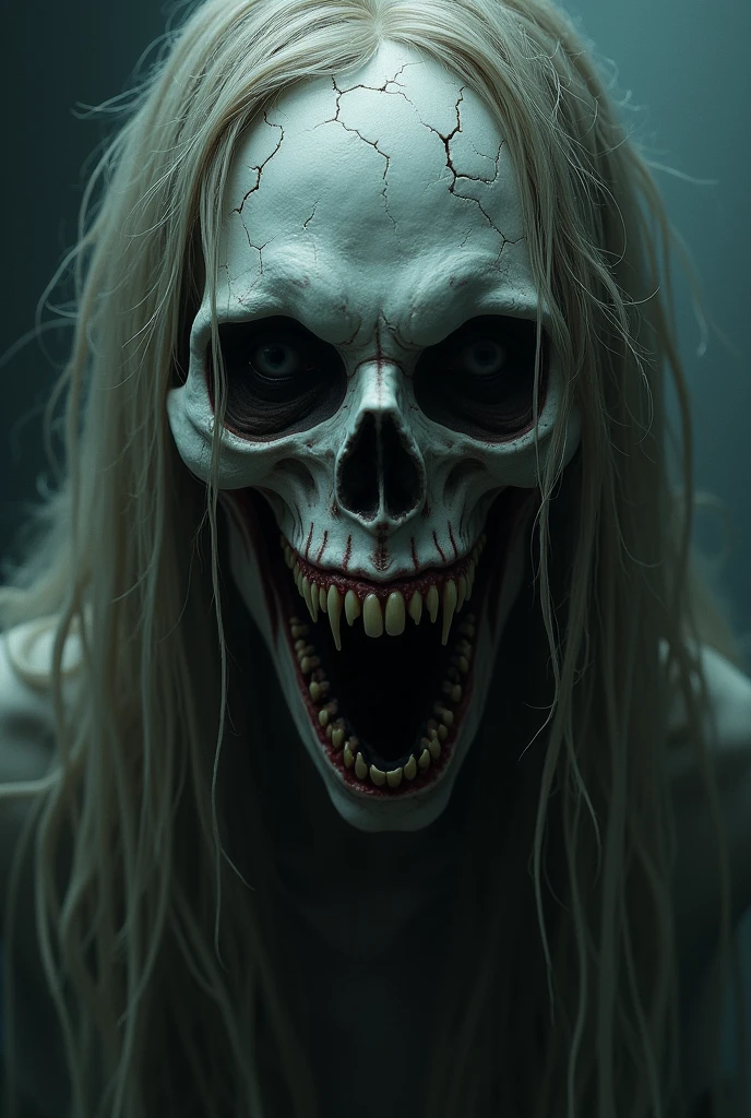 terror, humanoid crature, red eyes, hideous smile, nature, halloween trees, long white hair, bloody