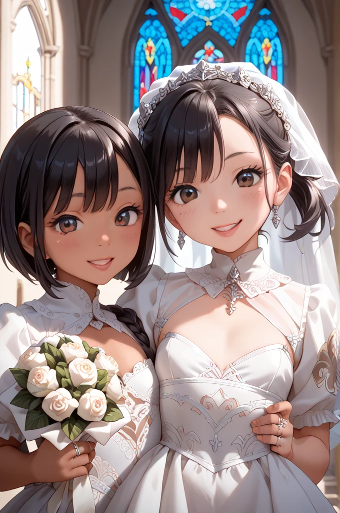 Three Girls　 very cute girl　Road　 black hair　 ponytail　 shortcuts　 bob cut　 tan　 dark eyes　 flat chest　 small breasts　  　 pubic skin　Glossy lips　 red face　beautiful church 　 Wedding Style　 Wedding Dress　left hand　 ring on ring finger　Happy smile　Holding a bouquet　 I stare at someone I love　Beautiful girl anime expression