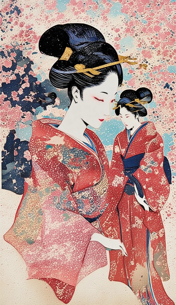 A collage art of women in yukata. The backdrop of a scenic sakura forest in Japan inside the woman's silhouette. Background of japanese sakura design patterns.