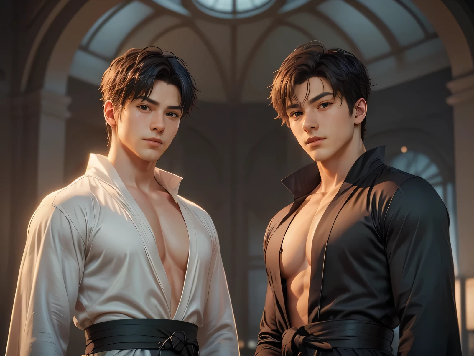 "Two young men with average athletic physiques and light European skin tones pose for a fashion editorial photo shoot in a modern indoor studio. Both are wearing elegant silk robes with a subtle sheen and a deep V-neck design, cinched at the waist with matching fabric belts. One of the robes is dark green and the other is black. Their hair is styled in short military-style cuts, giving them a sleek and sophisticated look. The studio setting is minimalist and contemporary, with soft, diffuse lighting casting subtle shadows to highlight the texture and drape of the robes. Both men are confident, exuding poise and style, with relaxed yet editorial poses that emphasize the luxurious flow of the silk fabric."