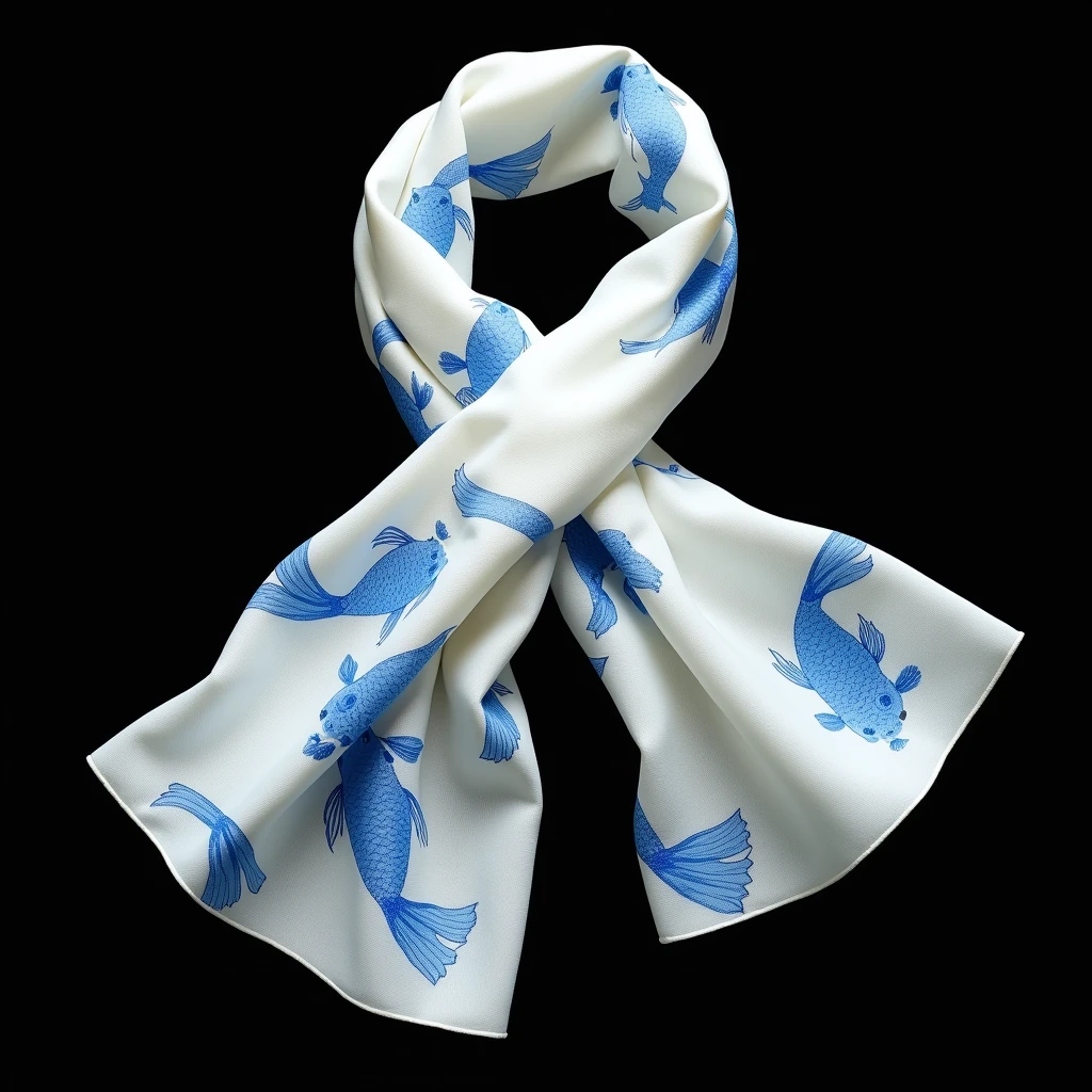 1 scarf , scarf remade with Japanese yukata fabric,（ milky white yukata fabric ),(Blue goldfish pattern ), soft cloth texture , black background, High Quality ,Detailed model ,