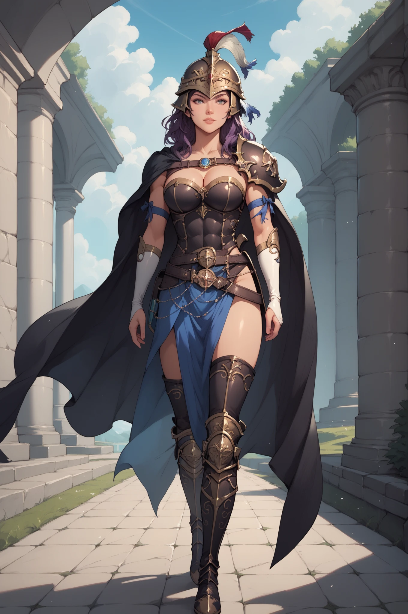 score_9, score_8_up, score_7_up, masterpiece, high quality, BREAK
 Sensual, hot, adult warrior with long hair, black cape helmet, armor, black bodice, cleavage, elomo, highlighted, black elbow gloves, black thigh boots, walking, the setting is a kingdom in Roman style