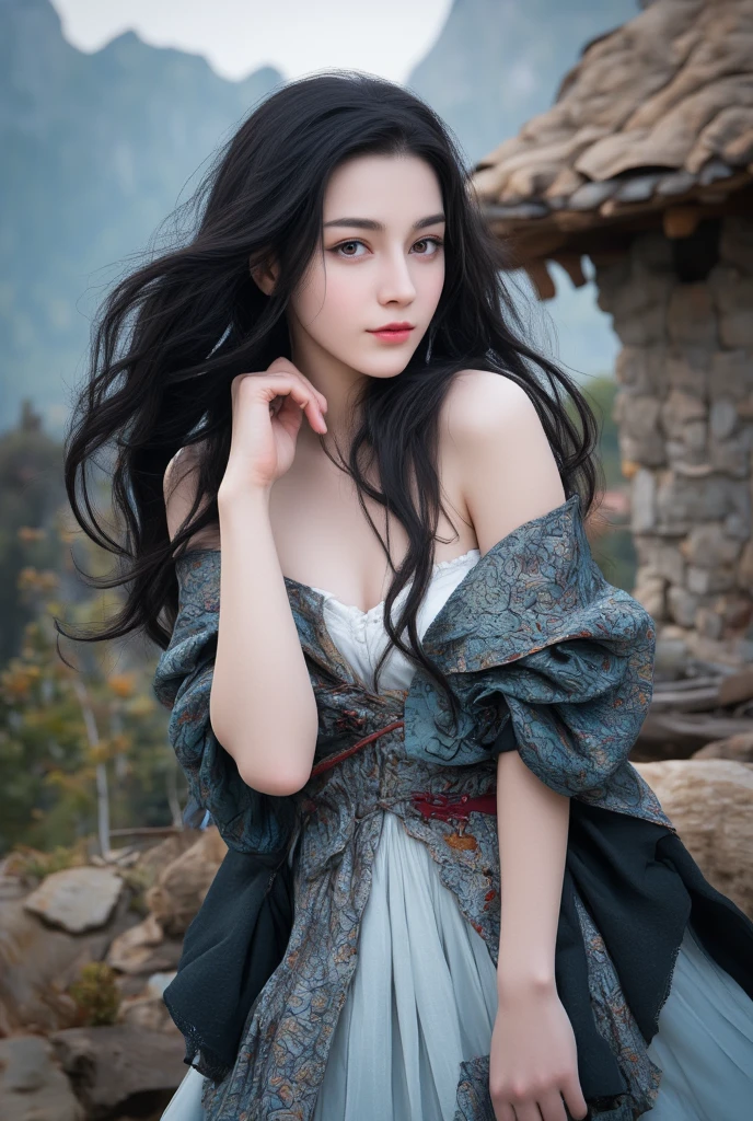 Masterpiece, full body, random angle view, photography, 
"Japanese beautiful young woman, white pale skin",very long hair elaborate updo black, pretty Strapless dress,with butterfly (fabric butterfly around), medival style, front of rough stone wood cabin, Apocalypse environment, 