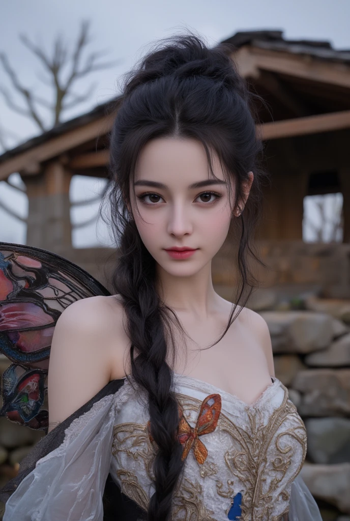 Masterpiece, full body, random angle view, photography, 
"Japanese beautiful young woman, white pale skin",very long hair elaborate updo black, pretty Strapless dress,with butterfly (fabric butterfly around), medival style, front of rough stone wood cabin, Apocalypse environment, 